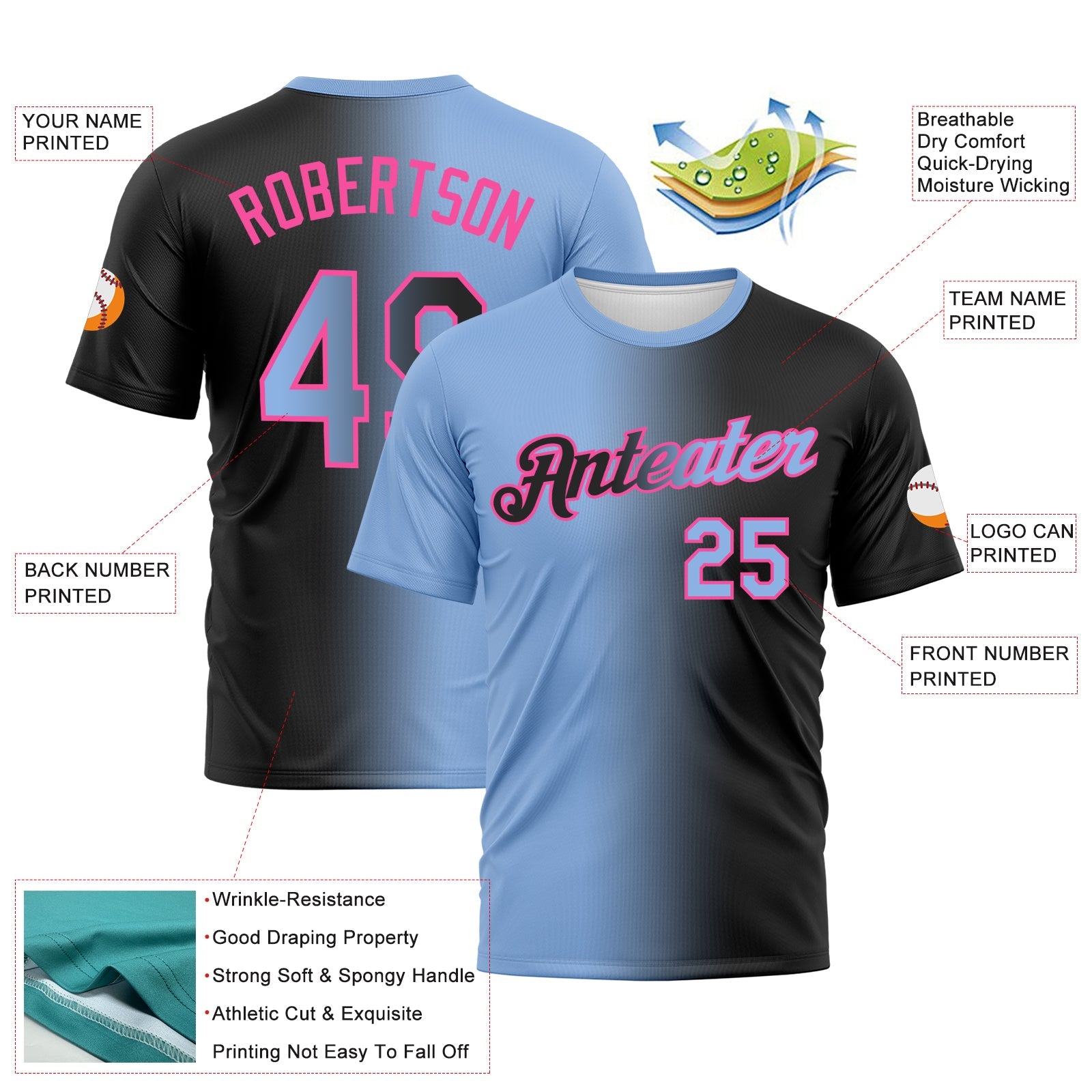 Custom Black Light Blue-Pink Gradient Fashion Performance T-Shirt view 2