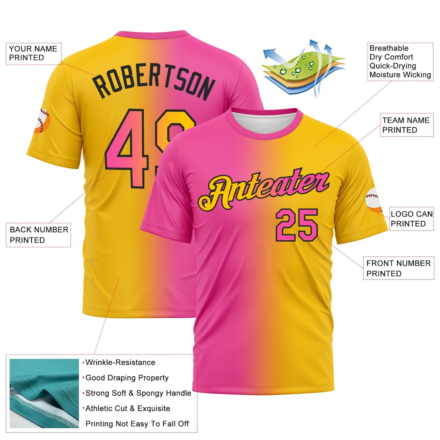 Custom Yellow Pink-Black Gradient Fashion Performance T-Shirt view 2