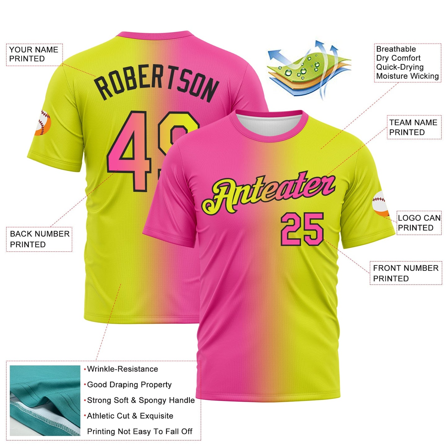 Custom Neon Yellow Pink-Black Gradient Fashion Performance T-Shirt view 2