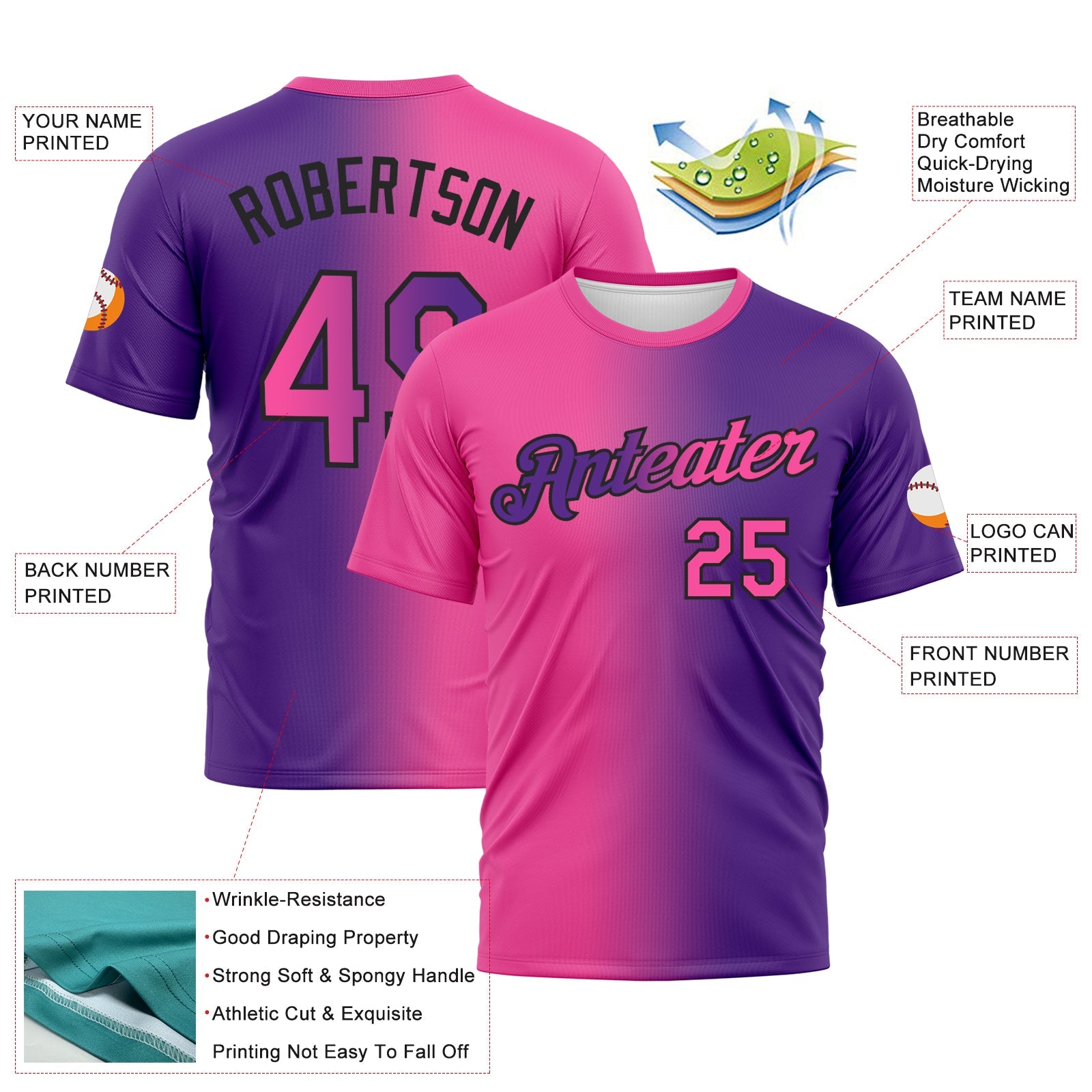 Custom Purple Pink-Black Gradient Fashion Performance T-Shirt view 2