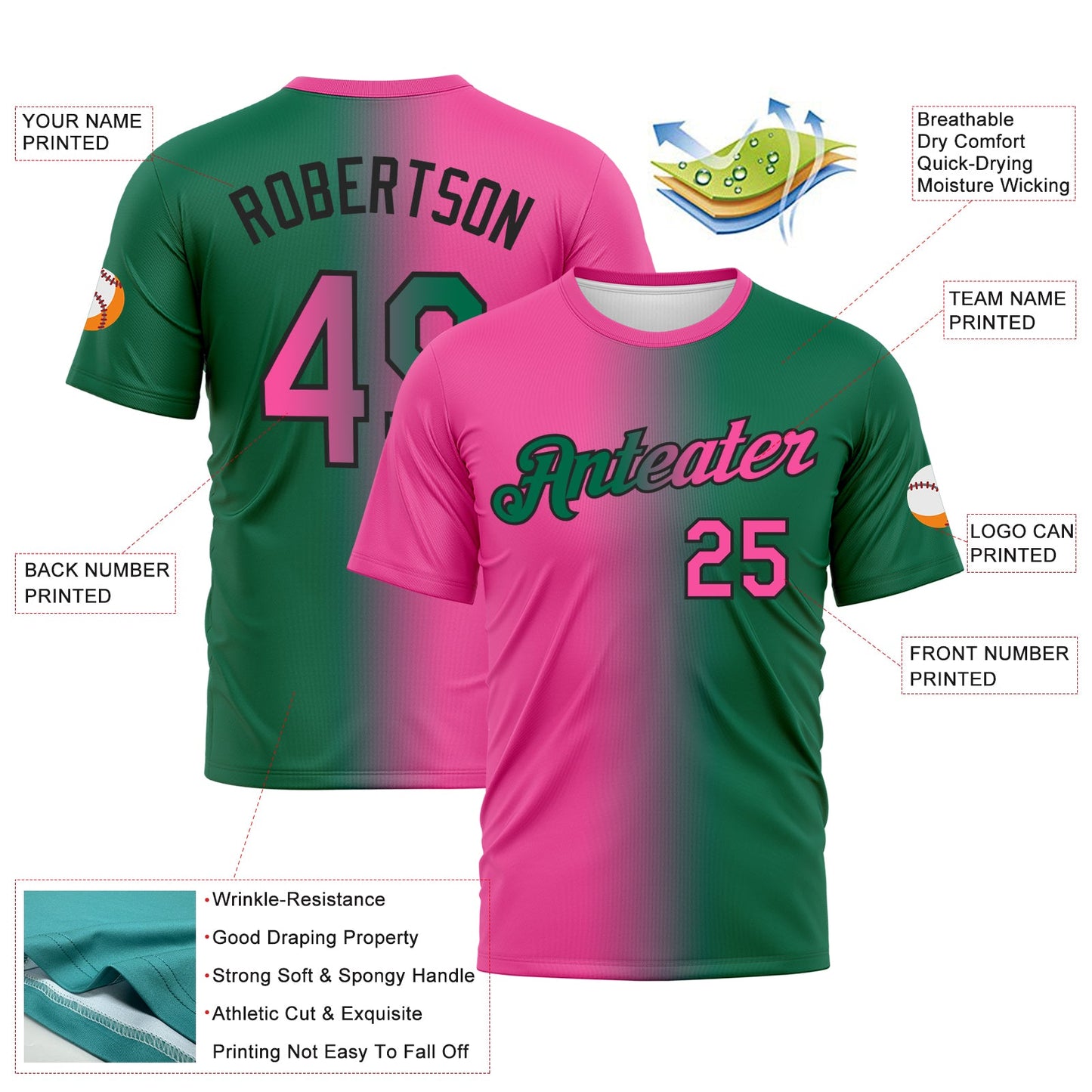 Custom Kelly Green Pink-Black Gradient Fashion Performance T-Shirt view 2