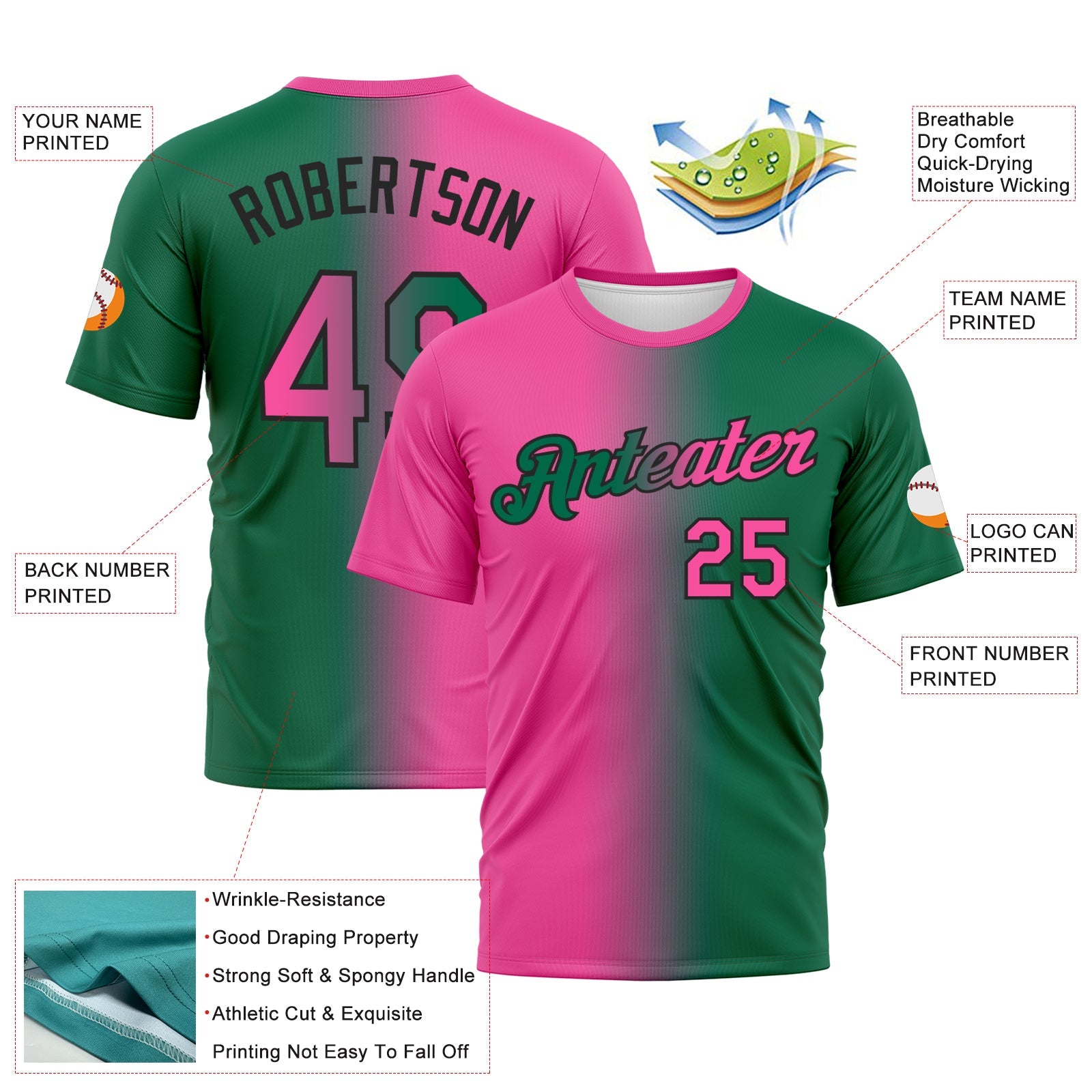 Custom Kelly Green Pink-Black Gradient Fashion Performance T-Shirt view 2