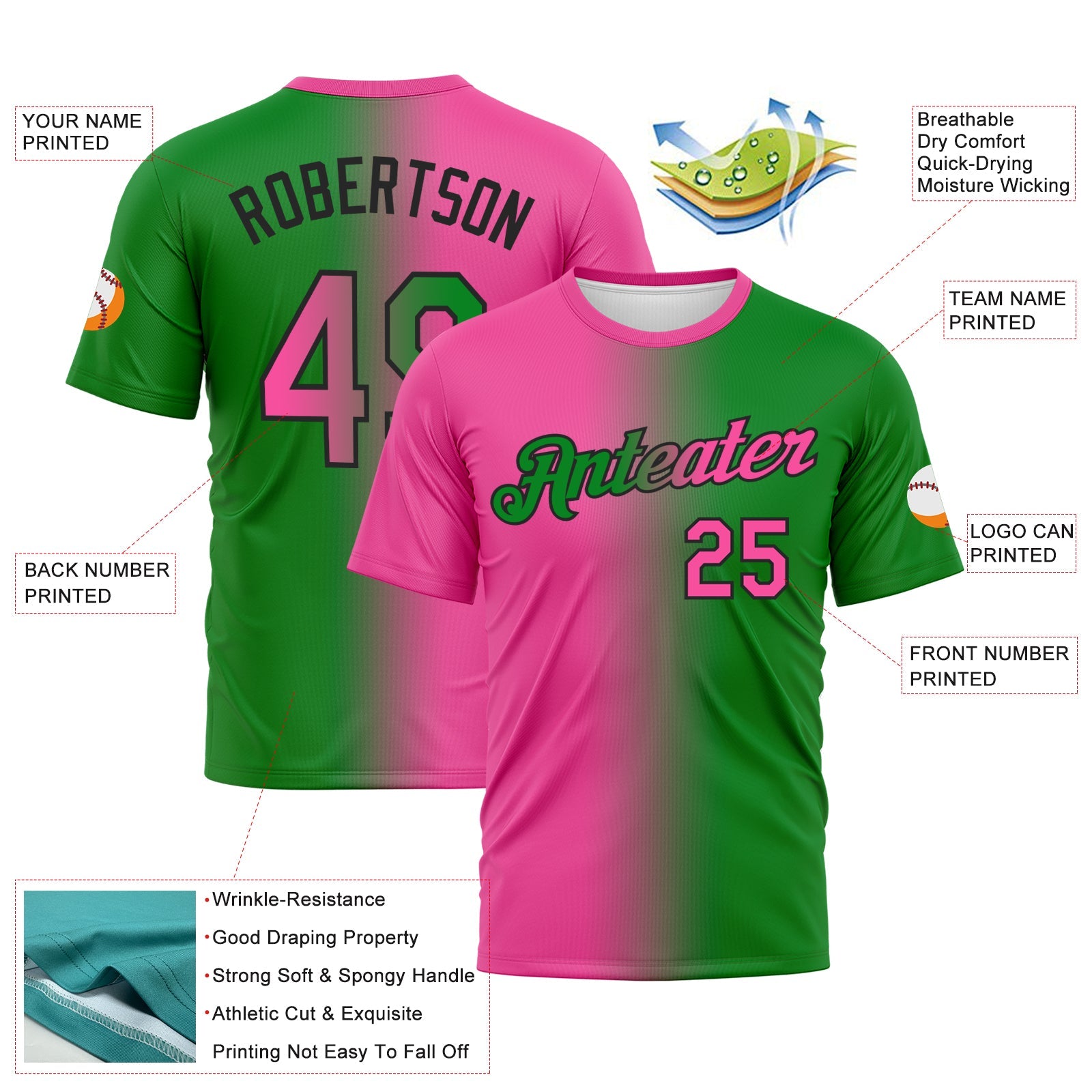 Custom Grass Green Pink-Black Gradient Fashion Performance T-Shirt view 2