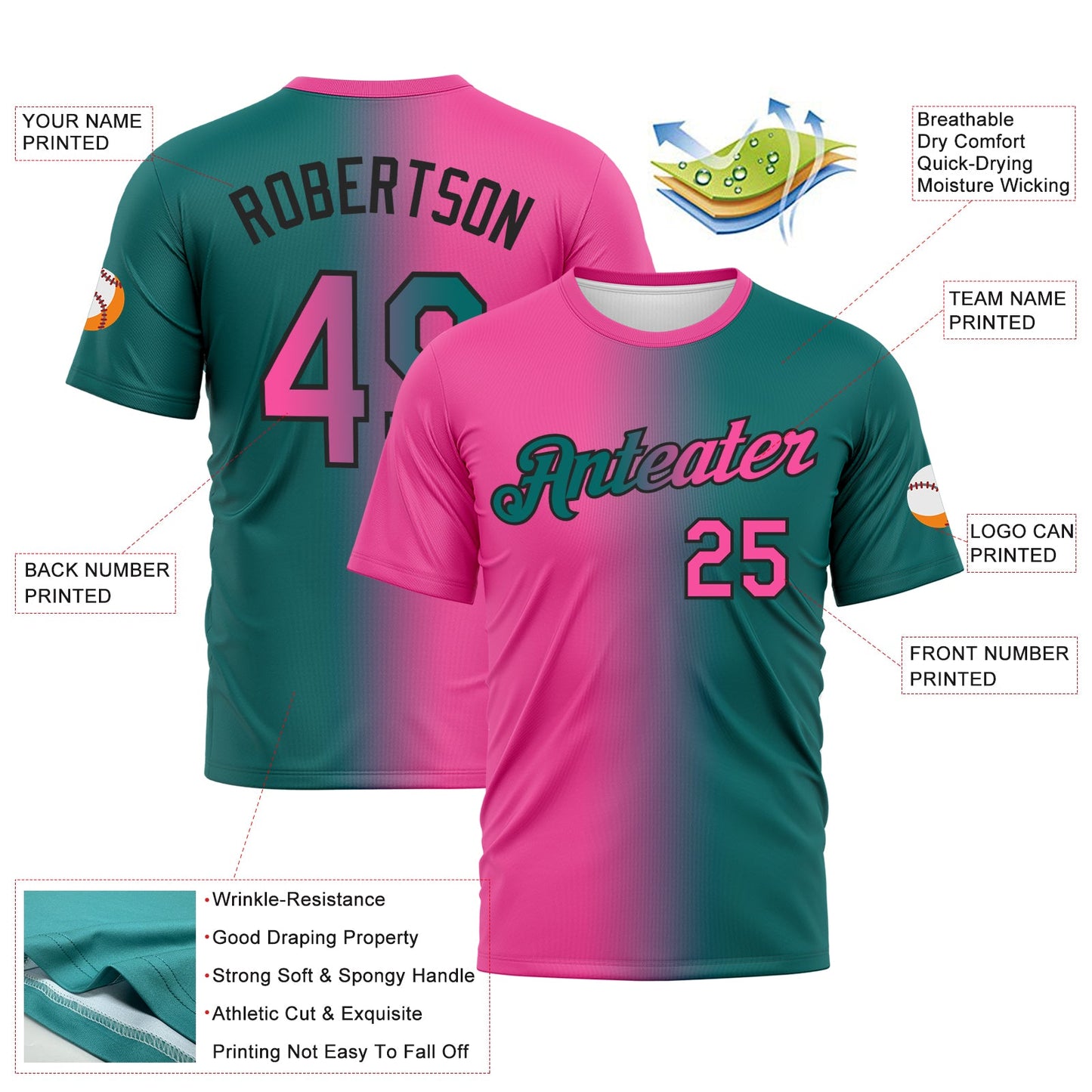 Custom Teal Pink-Black Gradient Fashion Performance T-Shirt view 2