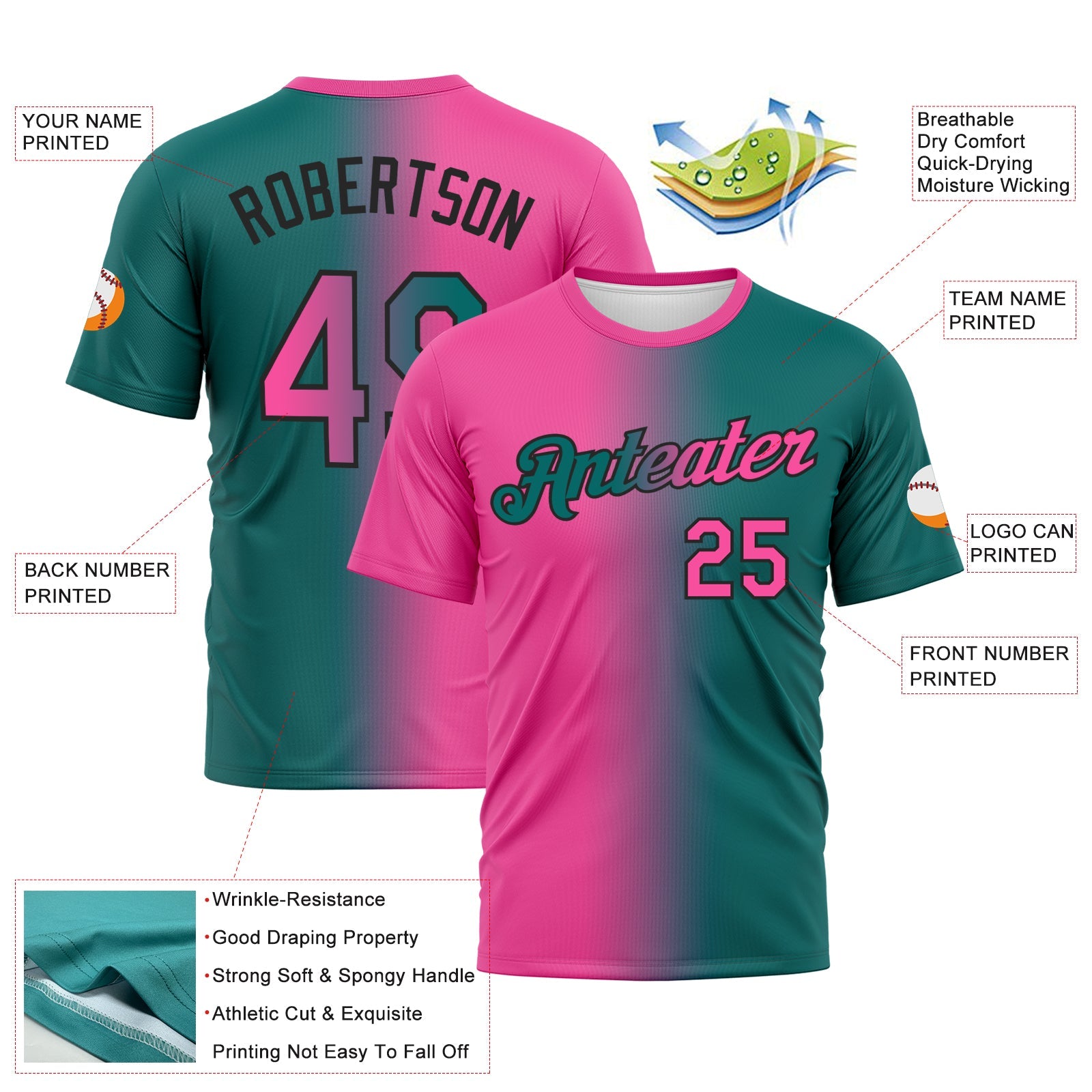 Custom Teal Pink-Black Gradient Fashion Performance T-Shirt view 2