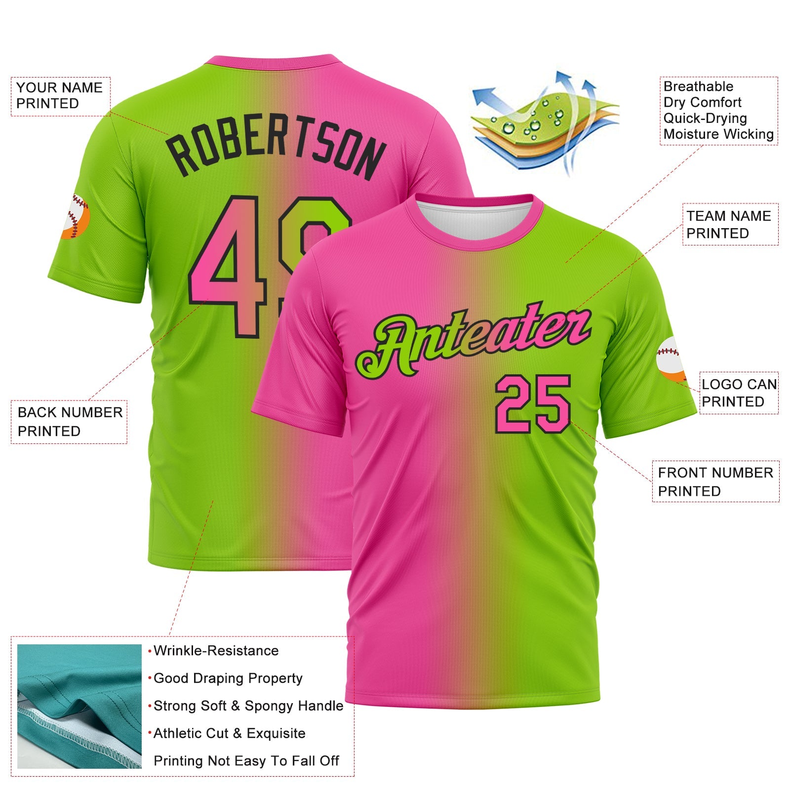 Custom Neon Green Pink-Black Gradient Fashion Performance T-Shirt view 2