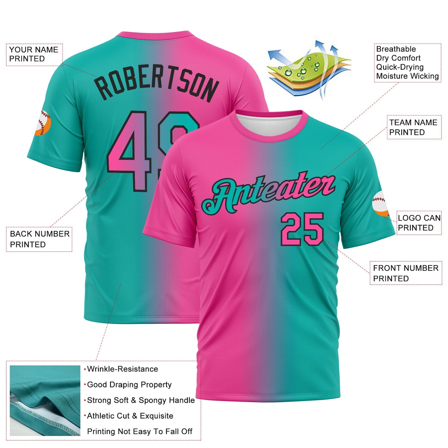 Custom Aqua Pink-Black Gradient Fashion Performance T-Shirt view 2