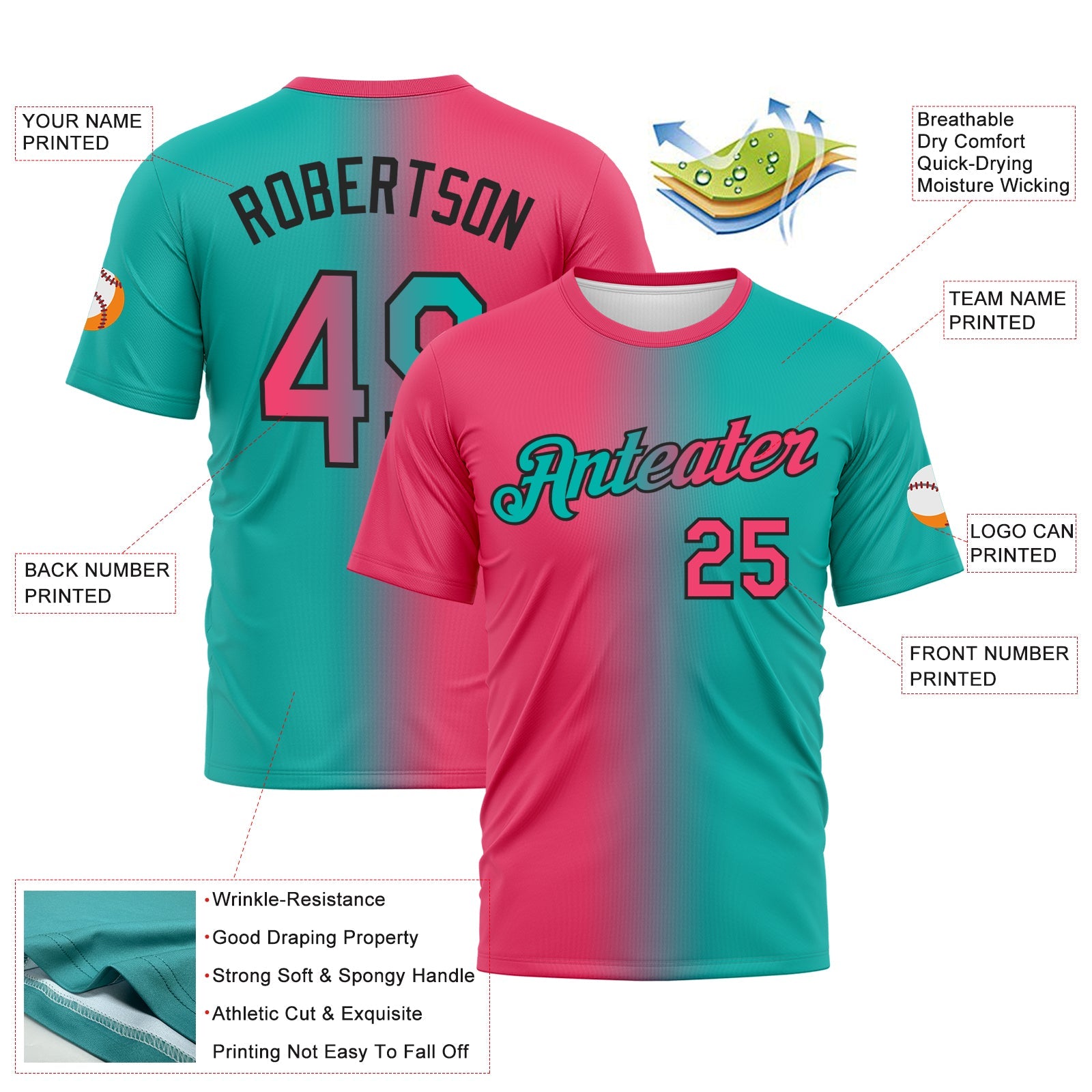 Custom Aqua Neon Pink-Black Gradient Fashion Performance T-Shirt view 2