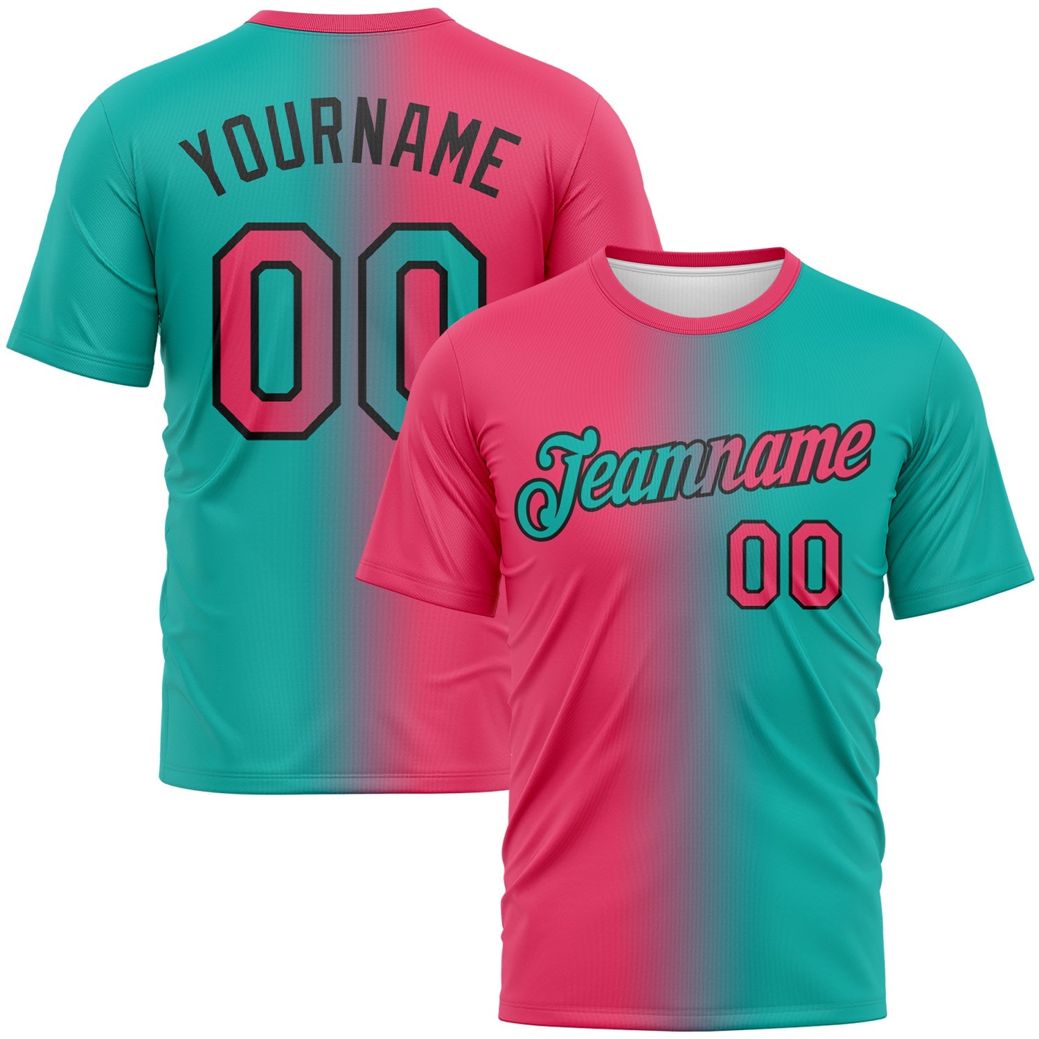 Custom Aqua Neon Pink-Black Gradient Fashion Performance T-Shirt - Main View
