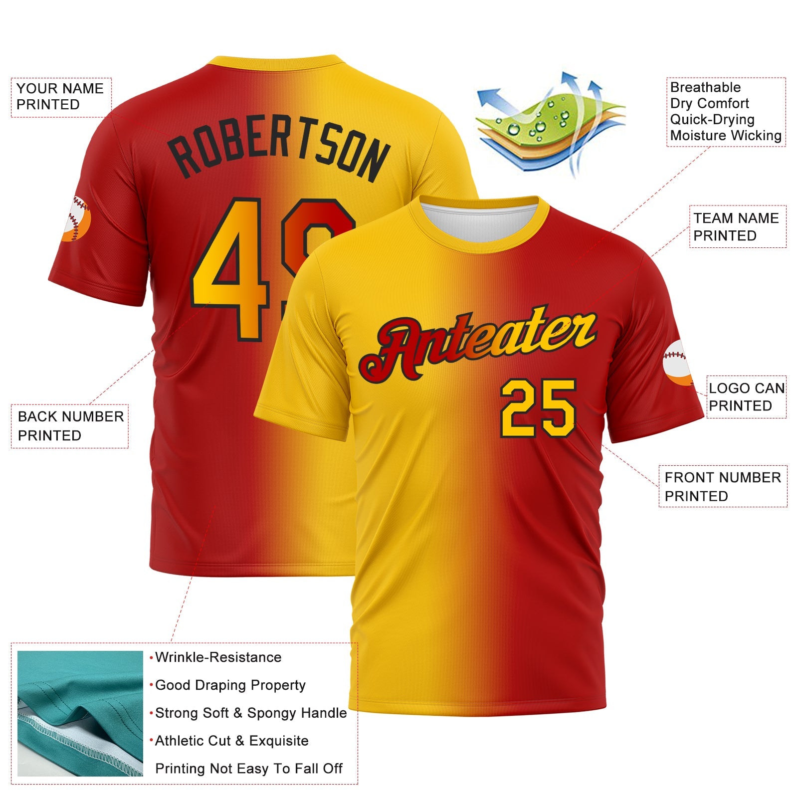 Custom Red Yellow-Black Gradient Fashion Performance T-Shirt view 2