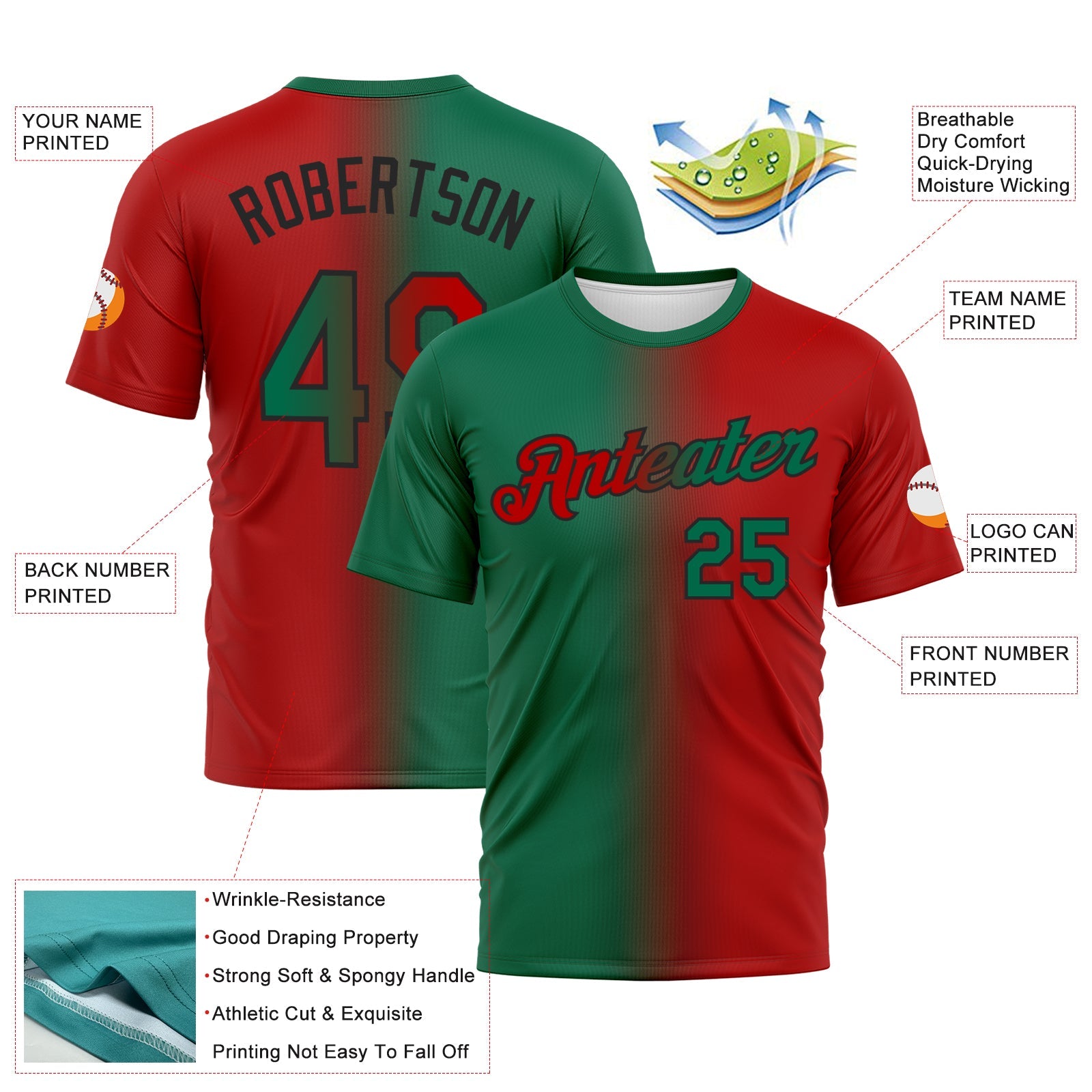Custom Red Kelly Green-Black Gradient Fashion Performance T-Shirt view 2