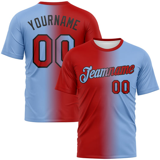 Custom Light Blue Red-Black Gradient Fashion Performance T-Shirt - Main View