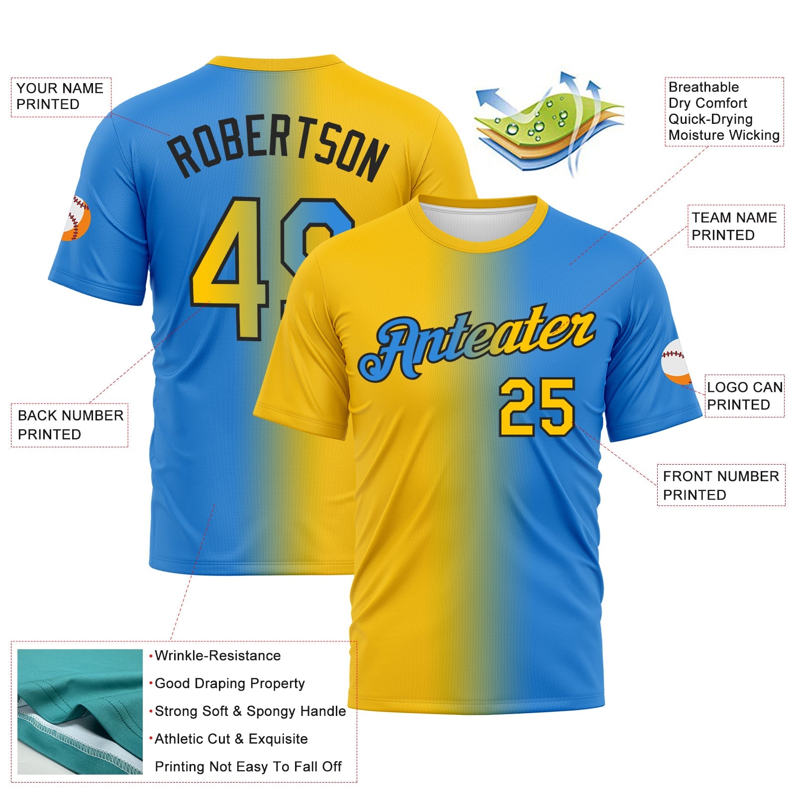 Custom Powder Blue Yellow-Black Gradient Fashion Performance T-Shirt view 2