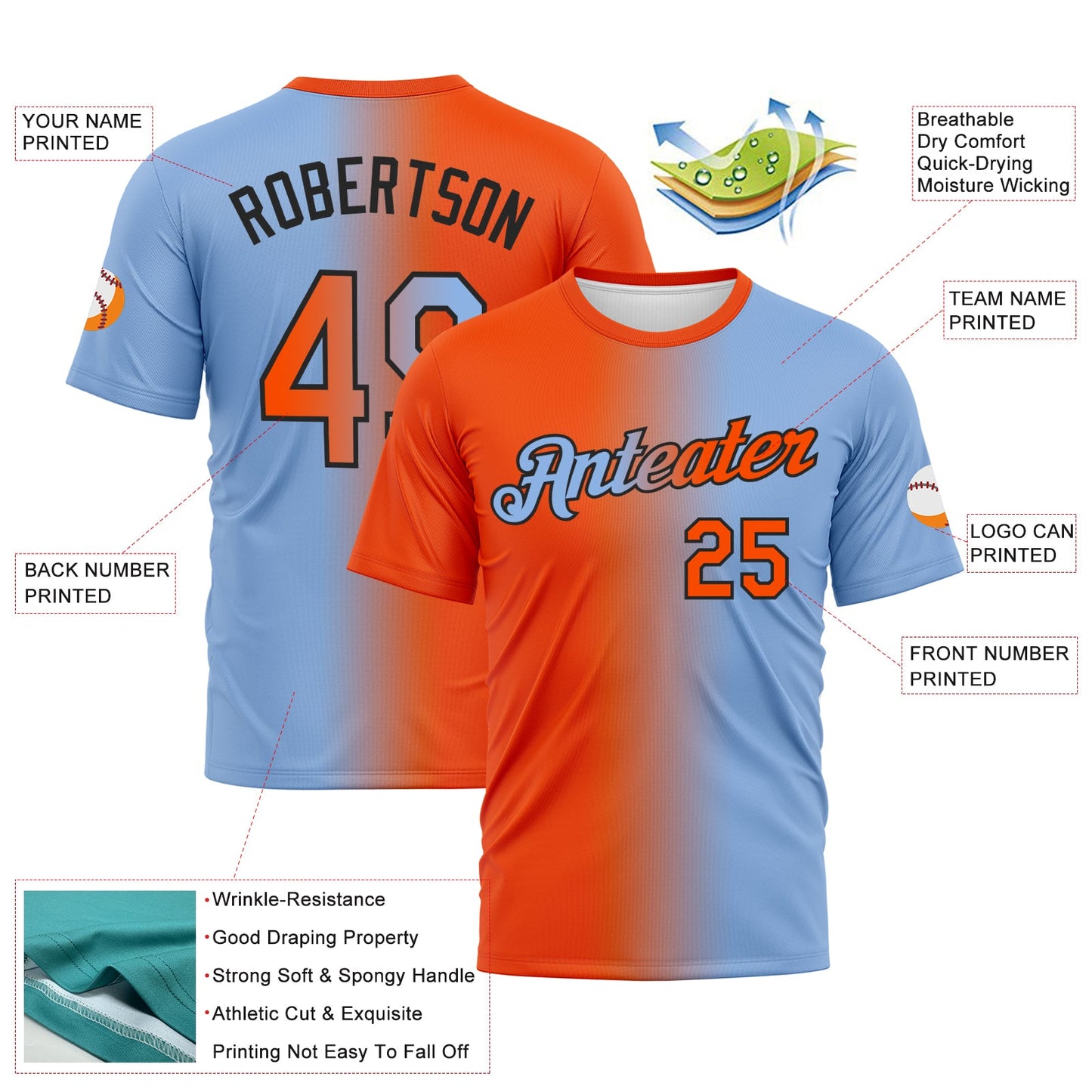 Custom Light Blue Orange-Black Gradient Fashion Performance T-Shirt view 2