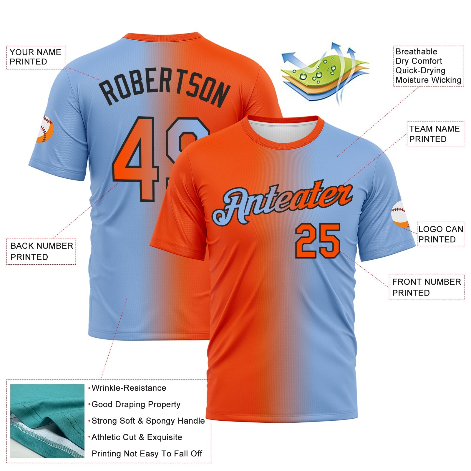 Custom Light Blue Orange-Black Gradient Fashion Performance T-Shirt view 2