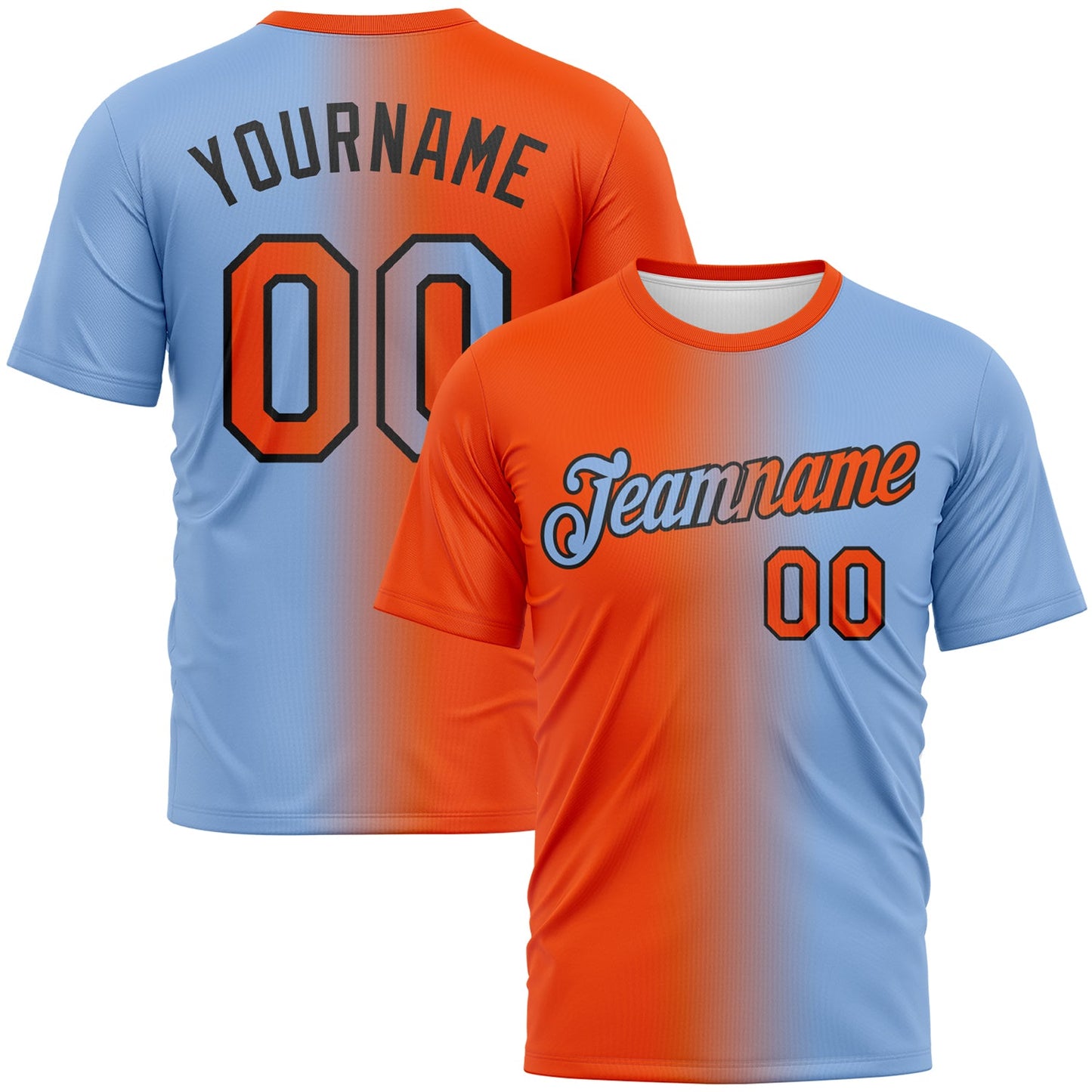 Custom Light Blue Orange-Black Gradient Fashion Performance T-Shirt - Main View