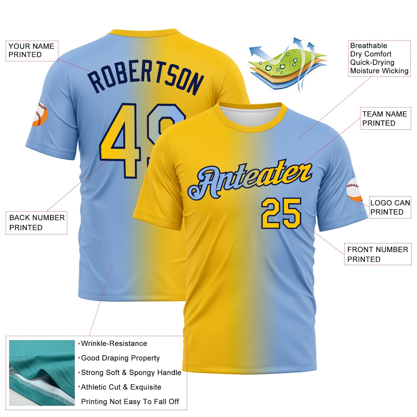 Custom Light Blue Yellow-Navy Gradient Fashion Performance T-Shirt view 2