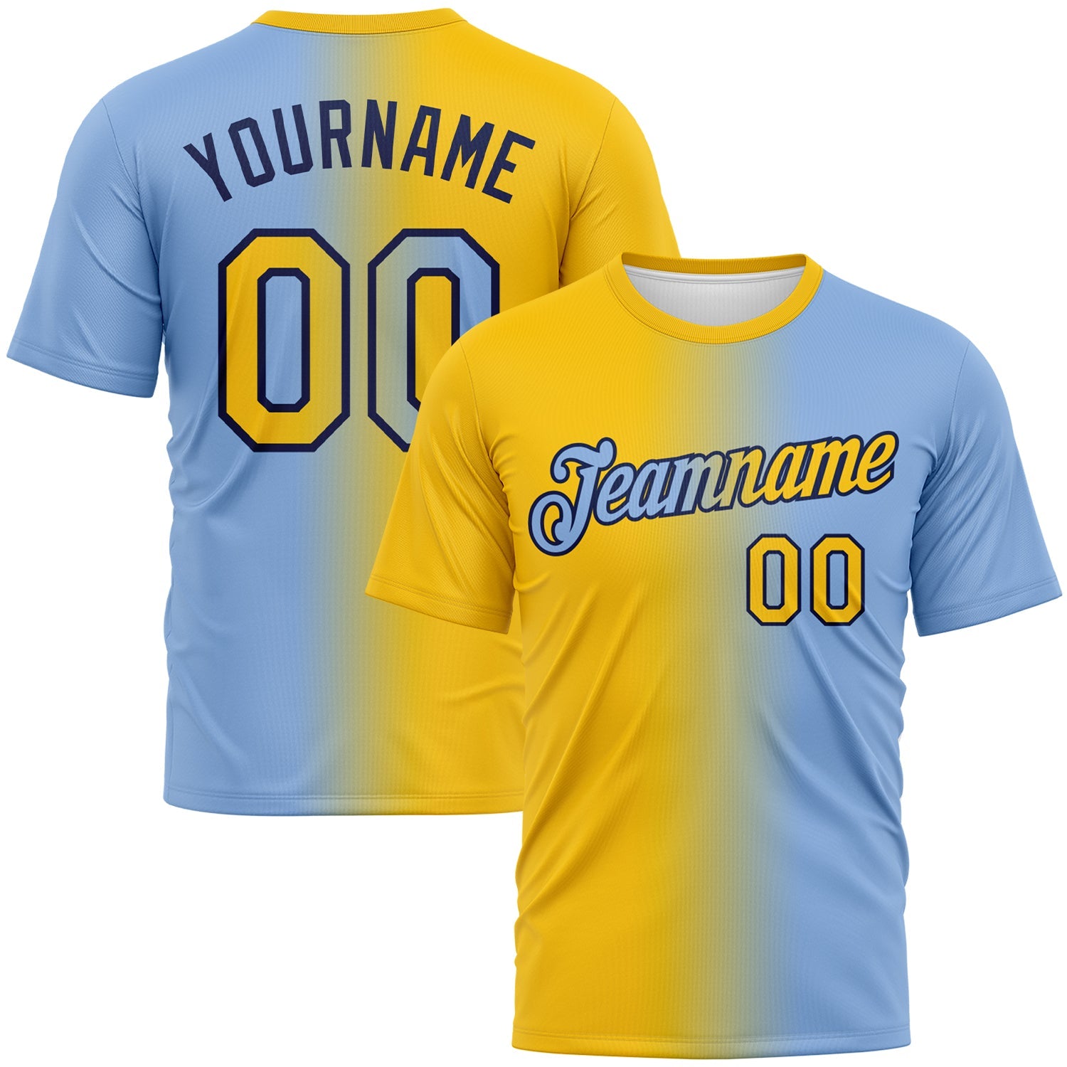 Custom Light Blue Yellow-Navy Gradient Fashion Performance T-Shirt - Main View