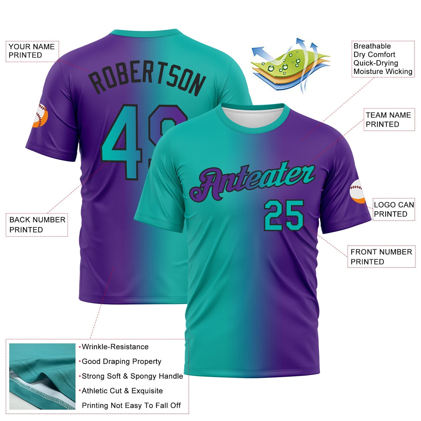 Custom Purple Aqua-Black Gradient Fashion Performance T-Shirt view 2