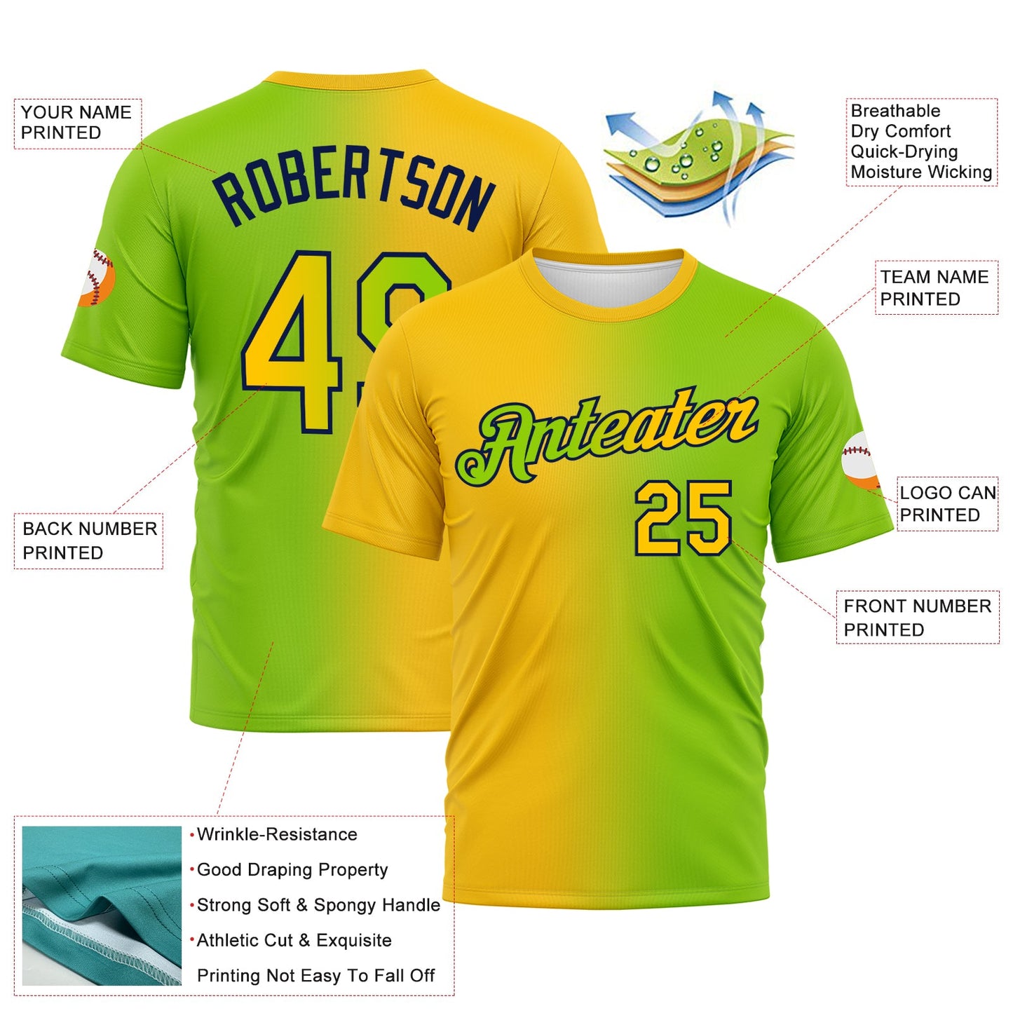 Custom Neon Green Yellow-Navy Gradient Fashion Performance T-Shirt view 2