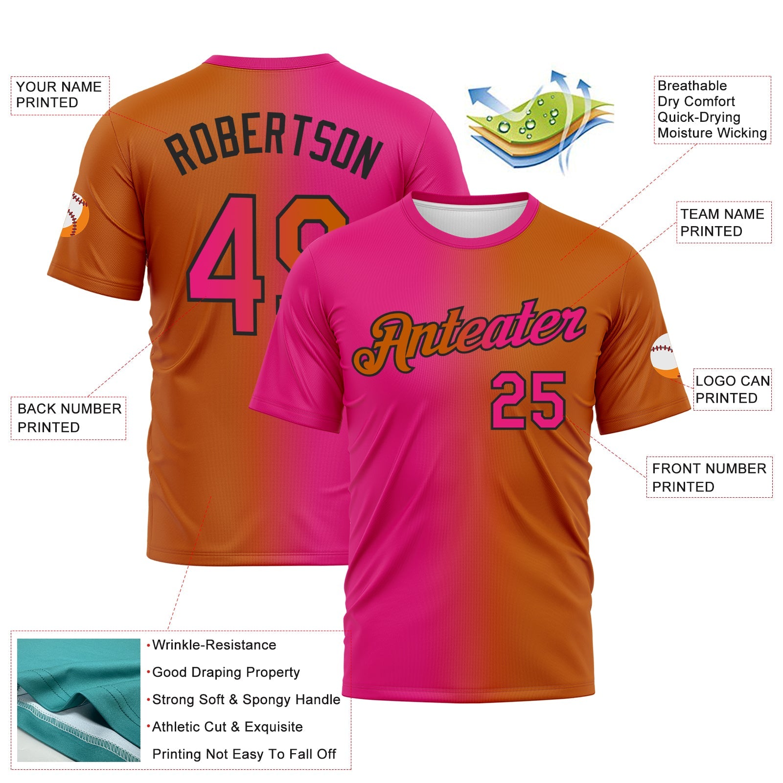 Custom Texas Orange Hot Pink-Black Gradient Fashion Performance T-Shirt view 2