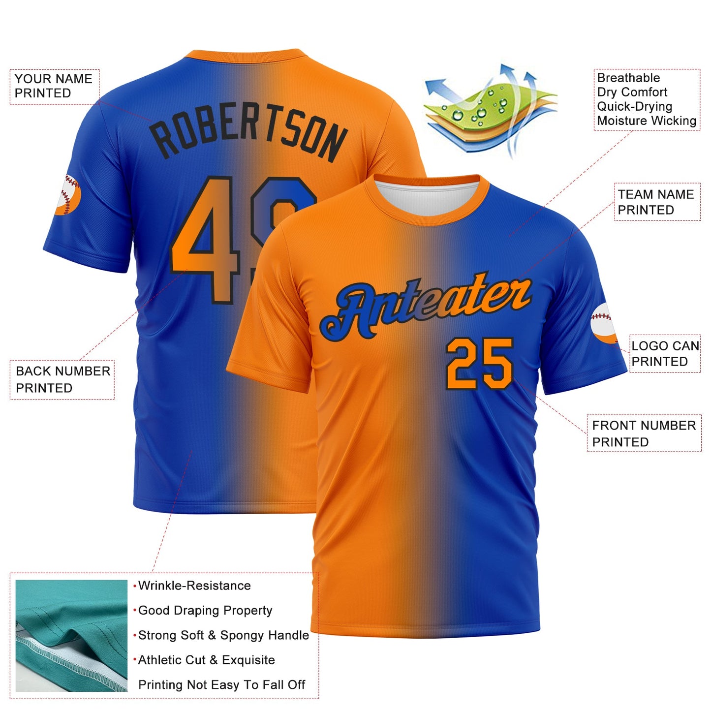 Custom Thunder Blue Bay Orange-Black Gradient Fashion Performance T-Shirt view 2