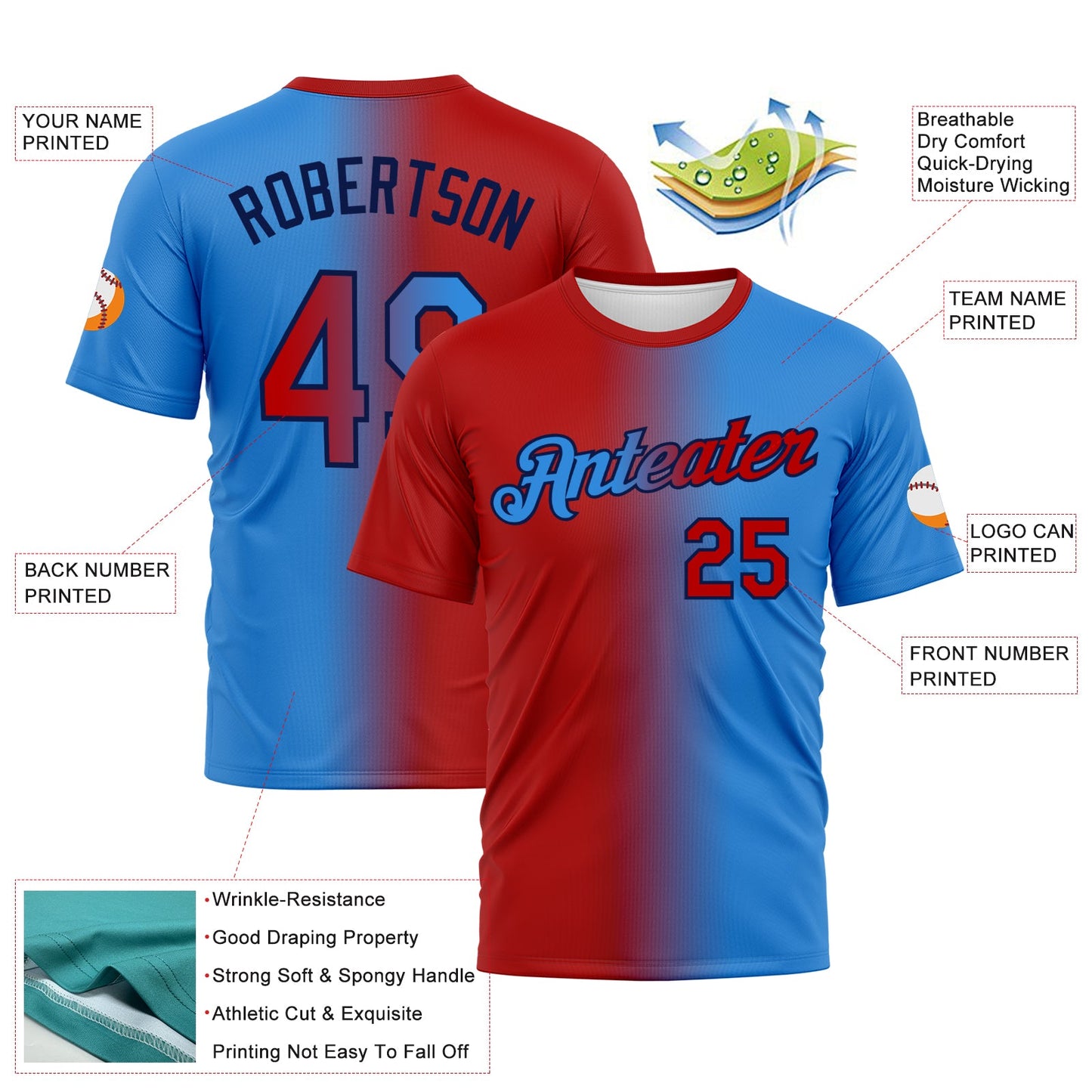 Custom Powder Blue Red-Navy Gradient Fashion Performance T-Shirt view 2