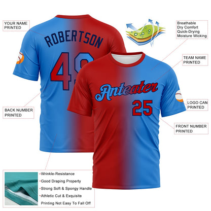 Custom Powder Blue Red-Navy Gradient Fashion Performance T-Shirt view 2
