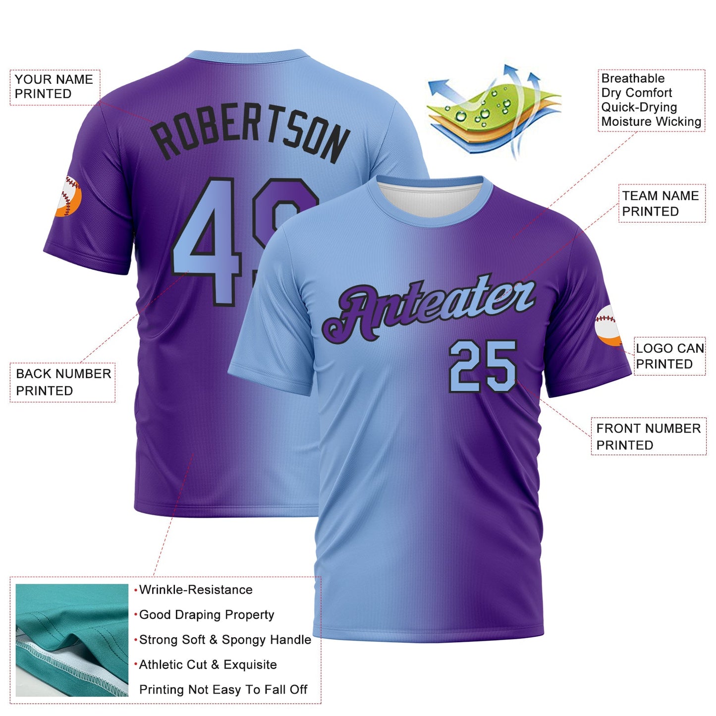 Custom Purple Light Blue-Black Gradient Fashion Performance T-Shirt view 2