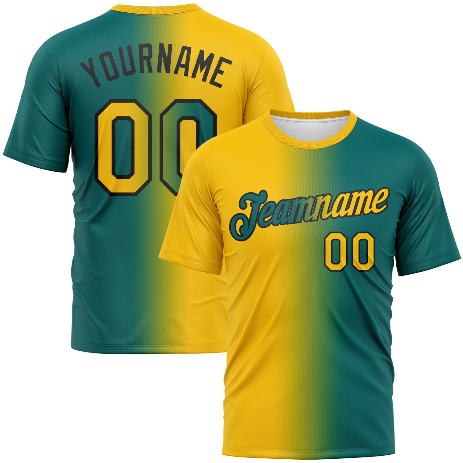 Custom Teal Yellow-Black Gradient Fashion Performance T-Shirt - Main View