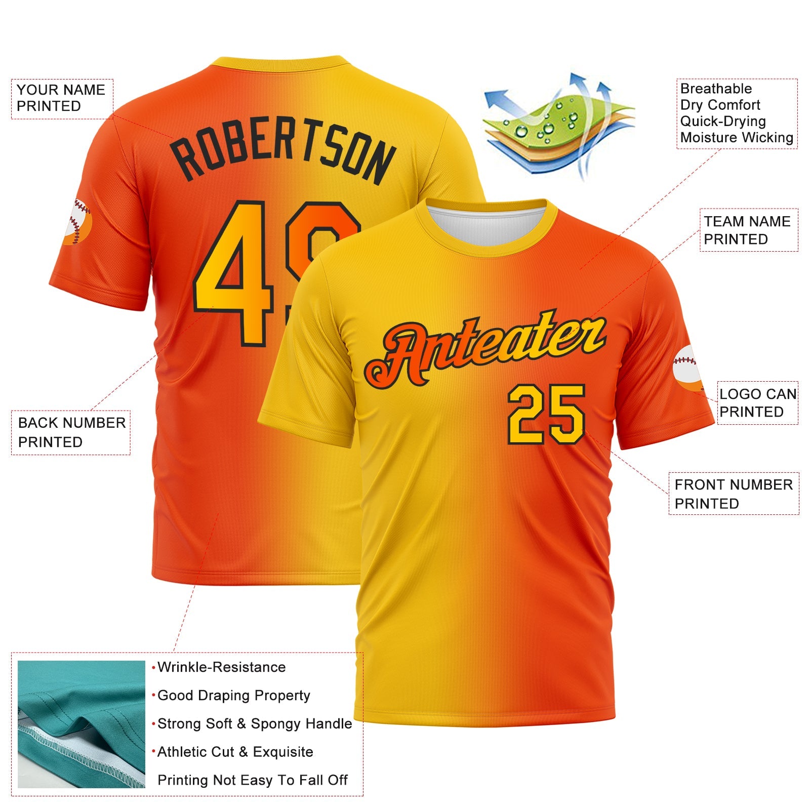 Custom Orange Yellow-Black Gradient Fashion Performance T-Shirt view 2