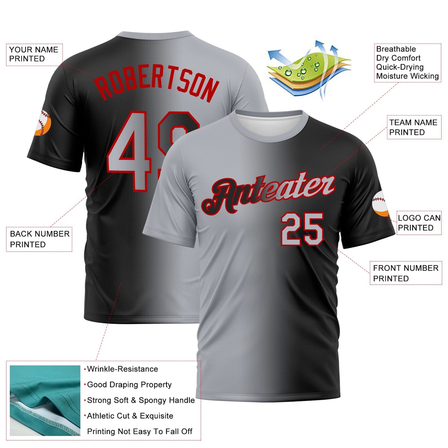 Custom Black Gray-Red Gradient Fashion Performance T-Shirt view 2