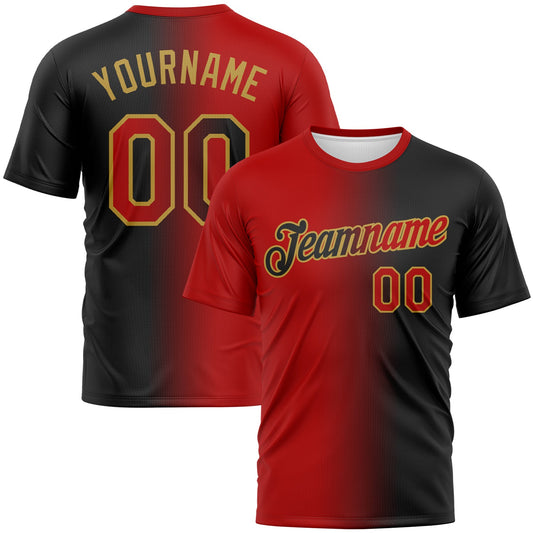 Custom Black Red-Old Gold Gradient Fashion Performance T-Shirt - Main View