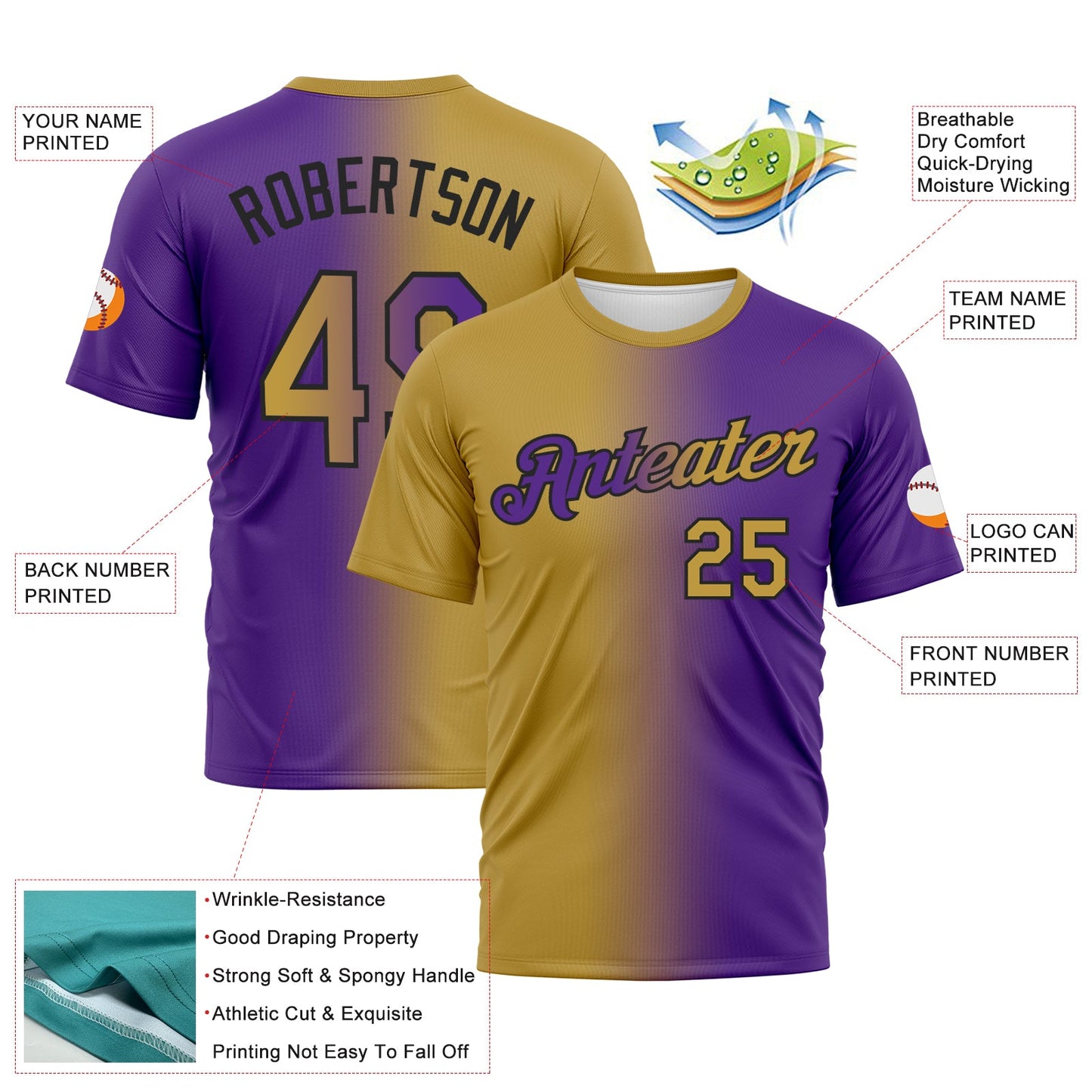 Custom Purple Old Gold-Black Gradient Fashion Performance T-Shirt view 2