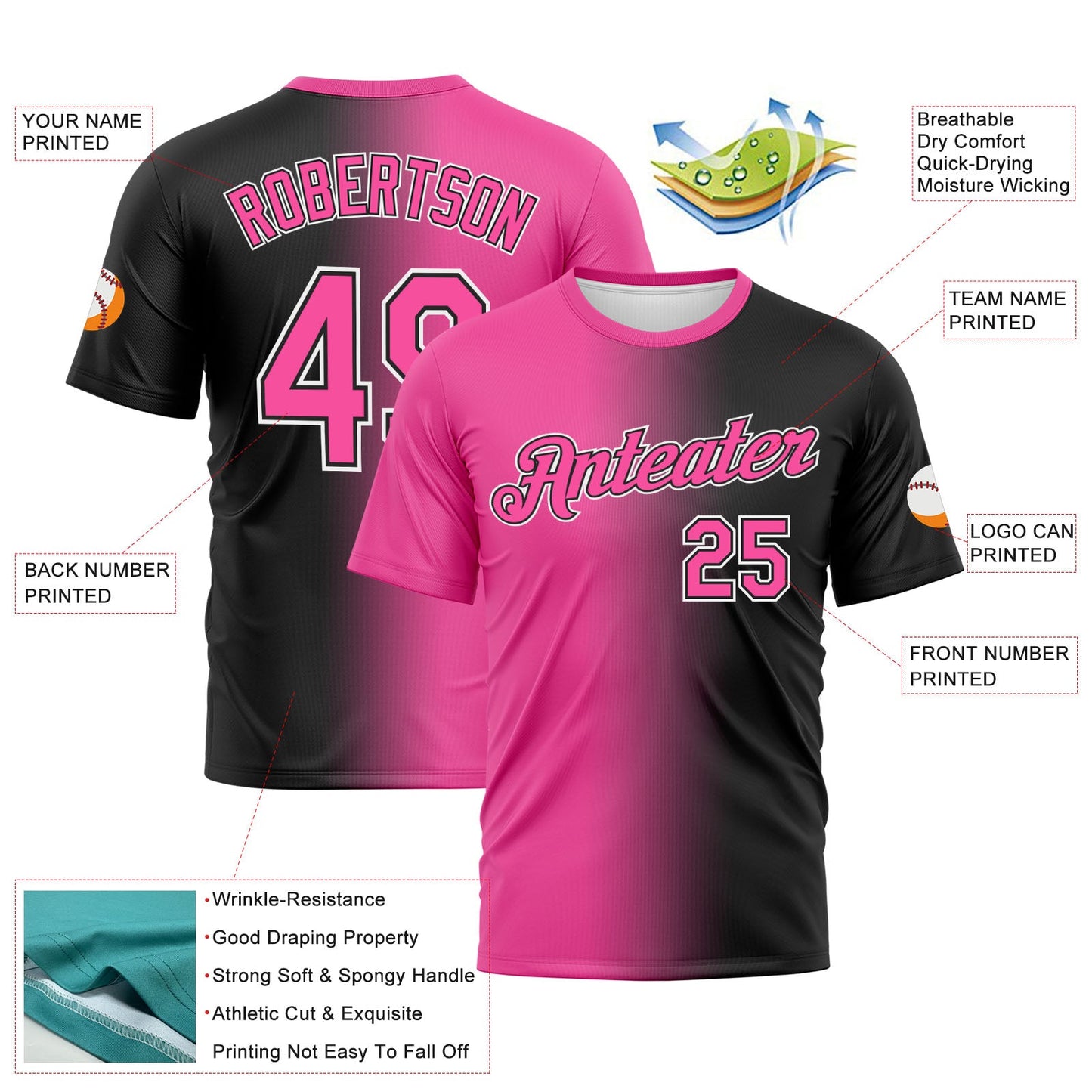 Custom Black Pink-White Gradient Fashion Performance T-Shirt view 3