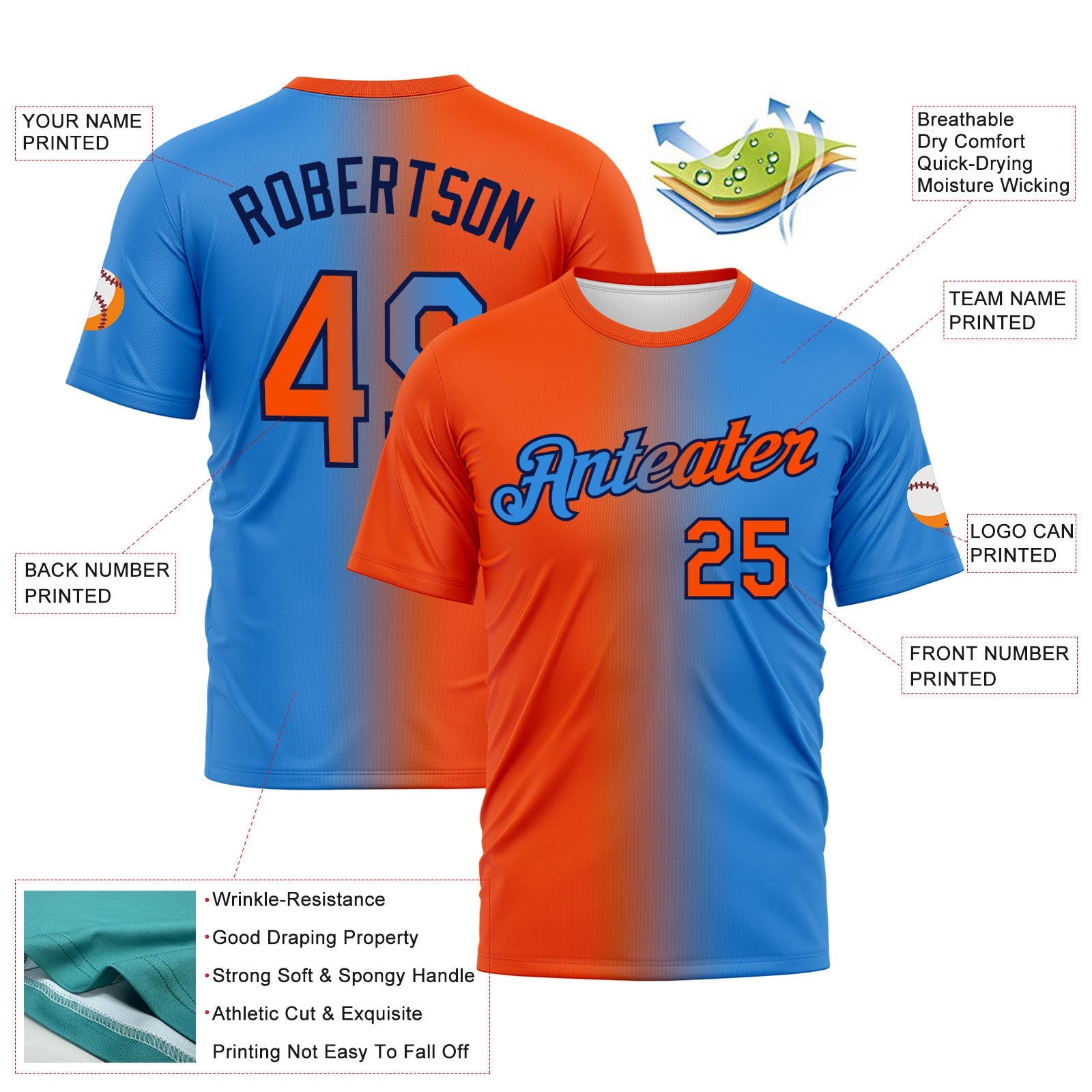 Custom Powder Blue Orange-Navy Gradient Fashion Performance T-Shirt view 3