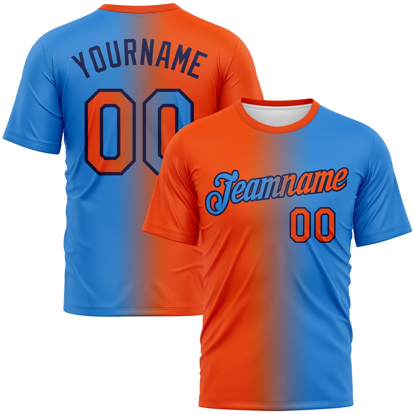 Custom Powder Blue Orange-Navy Gradient Fashion Performance T-Shirt - Main View