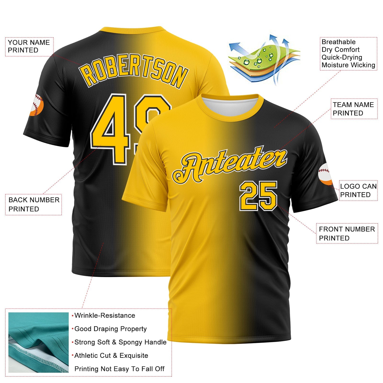 Custom Black Yellow-White Gradient Fashion Performance T-Shirt view 3