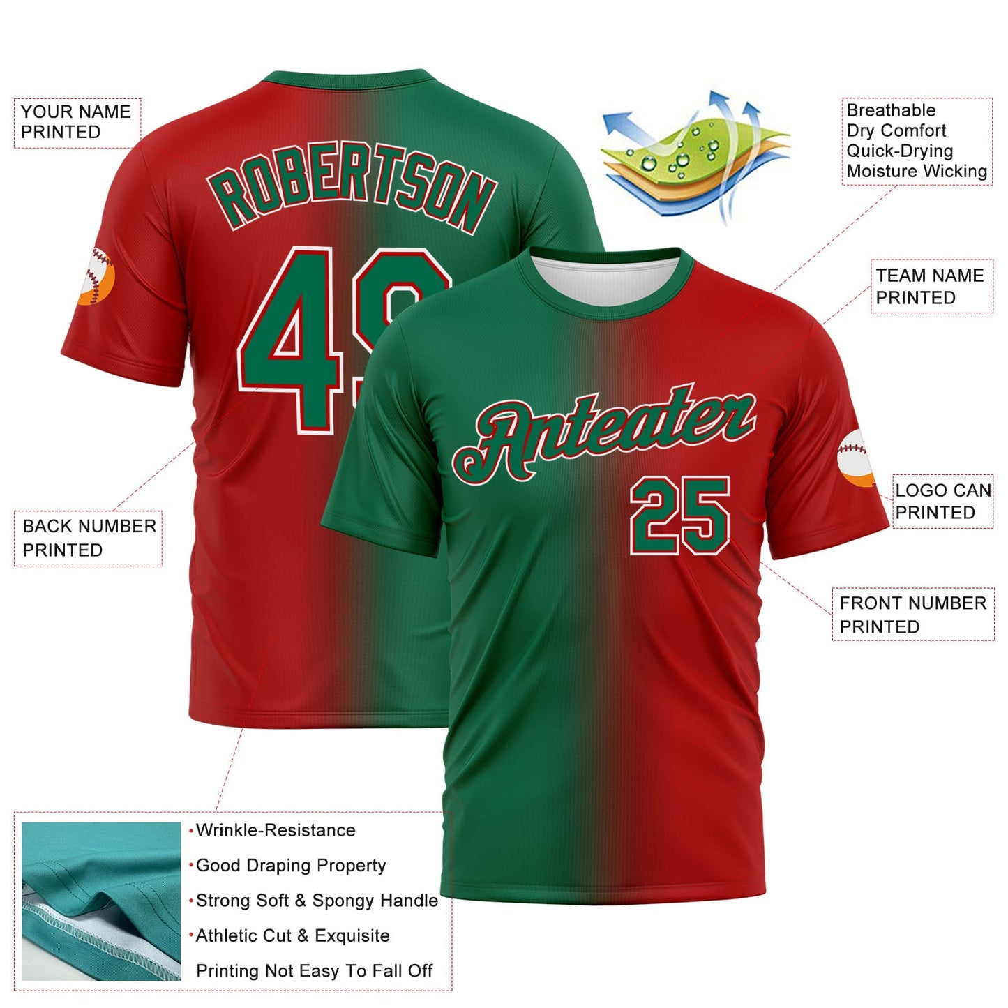 Custom Red Kelly Green-White Gradient Fashion Performance T-Shirt view 3