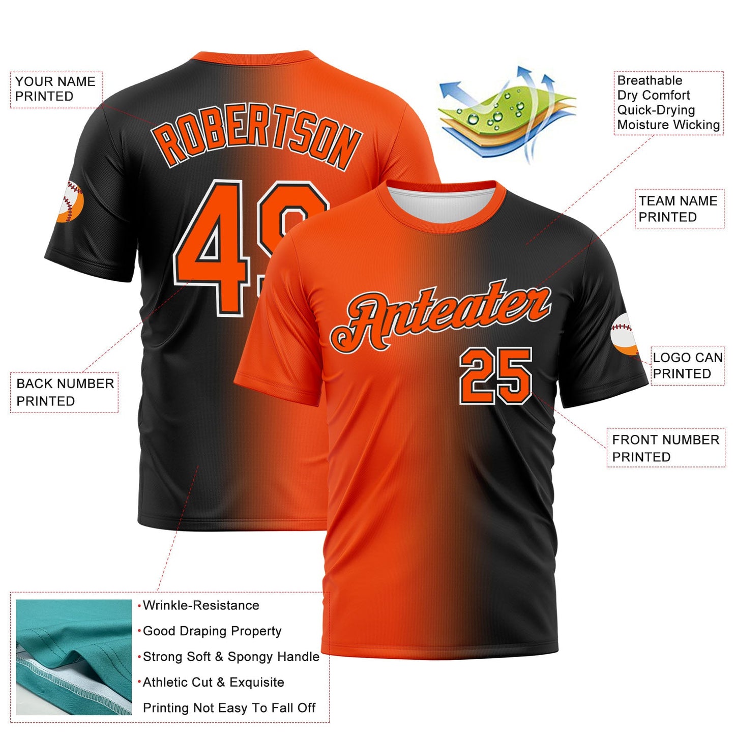 Custom Black Orange-White Gradient Fashion Performance T-Shirt view 3