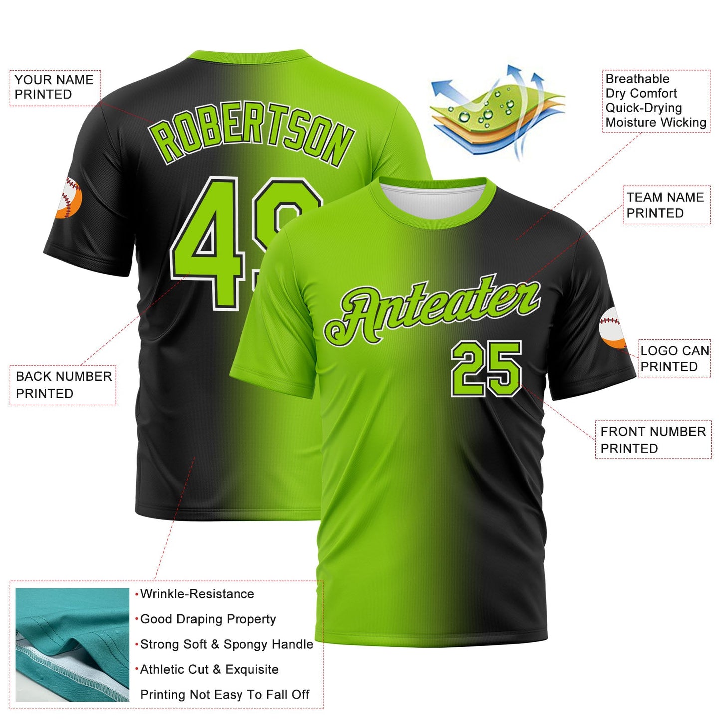 Custom Black Neon Green-White Gradient Fashion Performance T-Shirt view 3