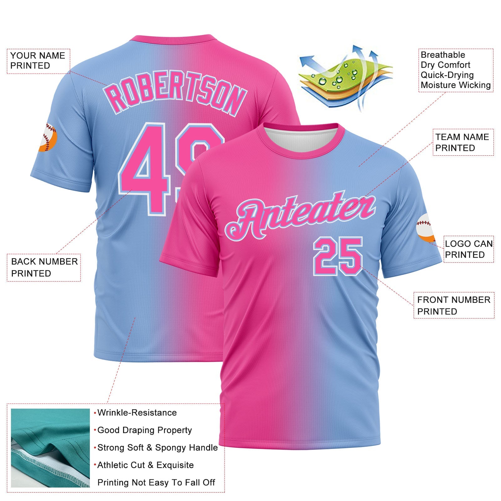 Custom Light Blue Pink-White Gradient Fashion Performance T-Shirt view 3