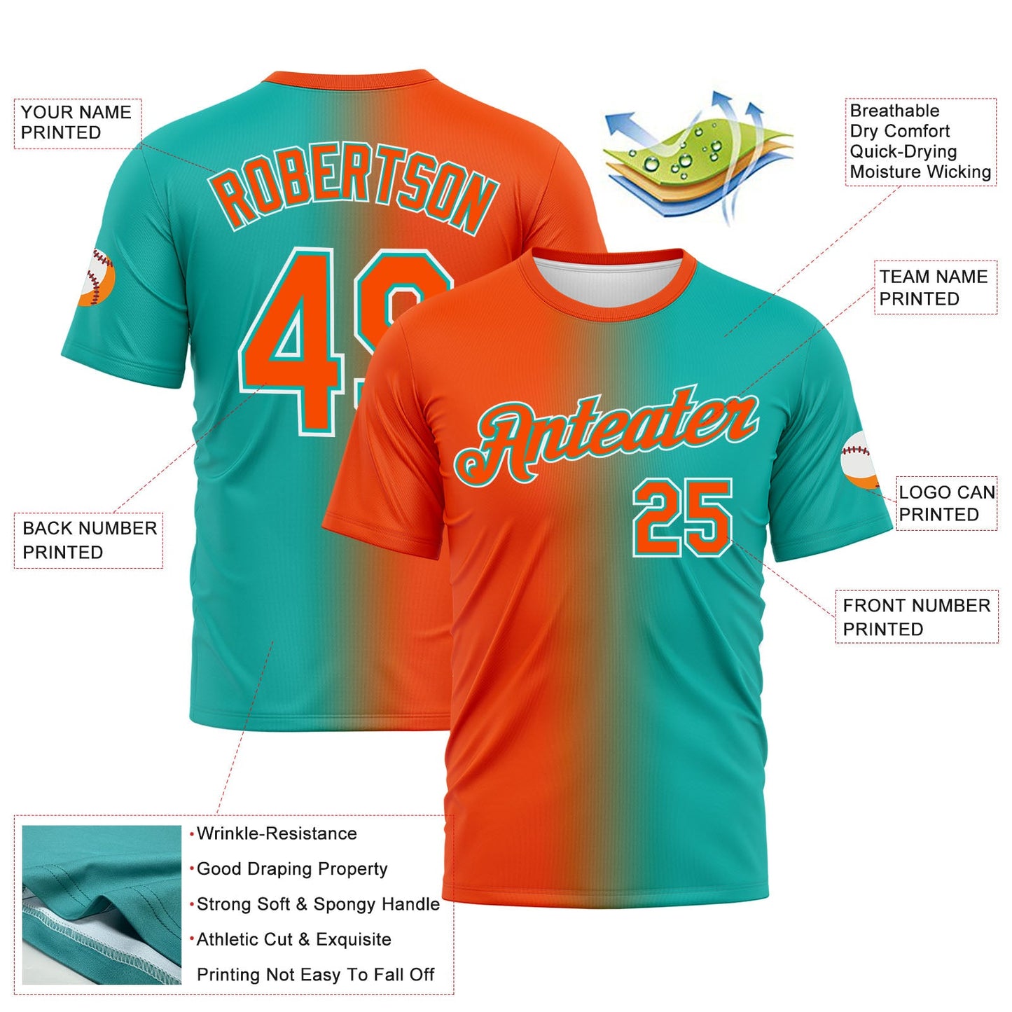 Custom Aqua Orange-White Gradient Fashion Performance T-Shirt view 3
