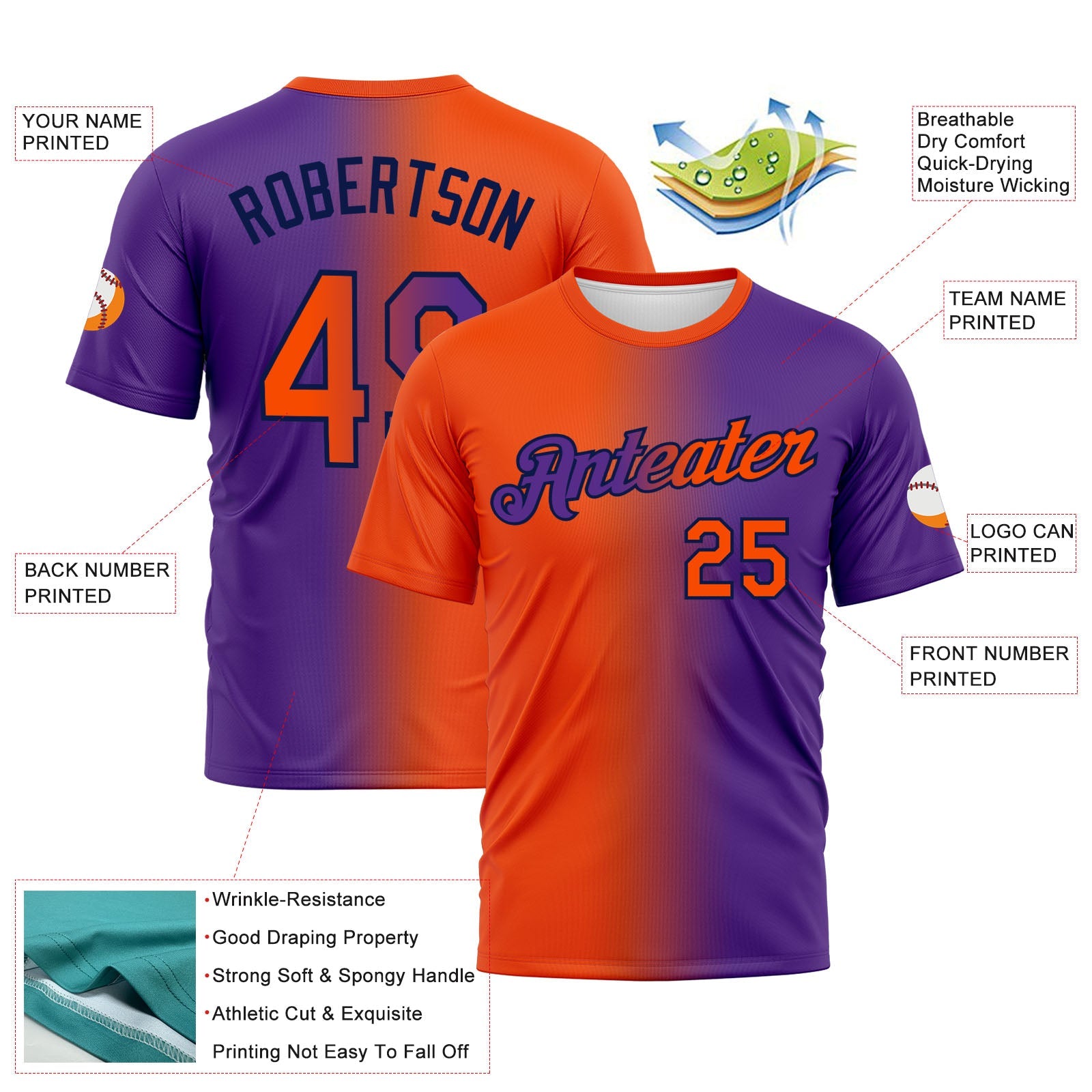 Custom Purple Orange-Navy Gradient Fashion Performance T-Shirt view 3