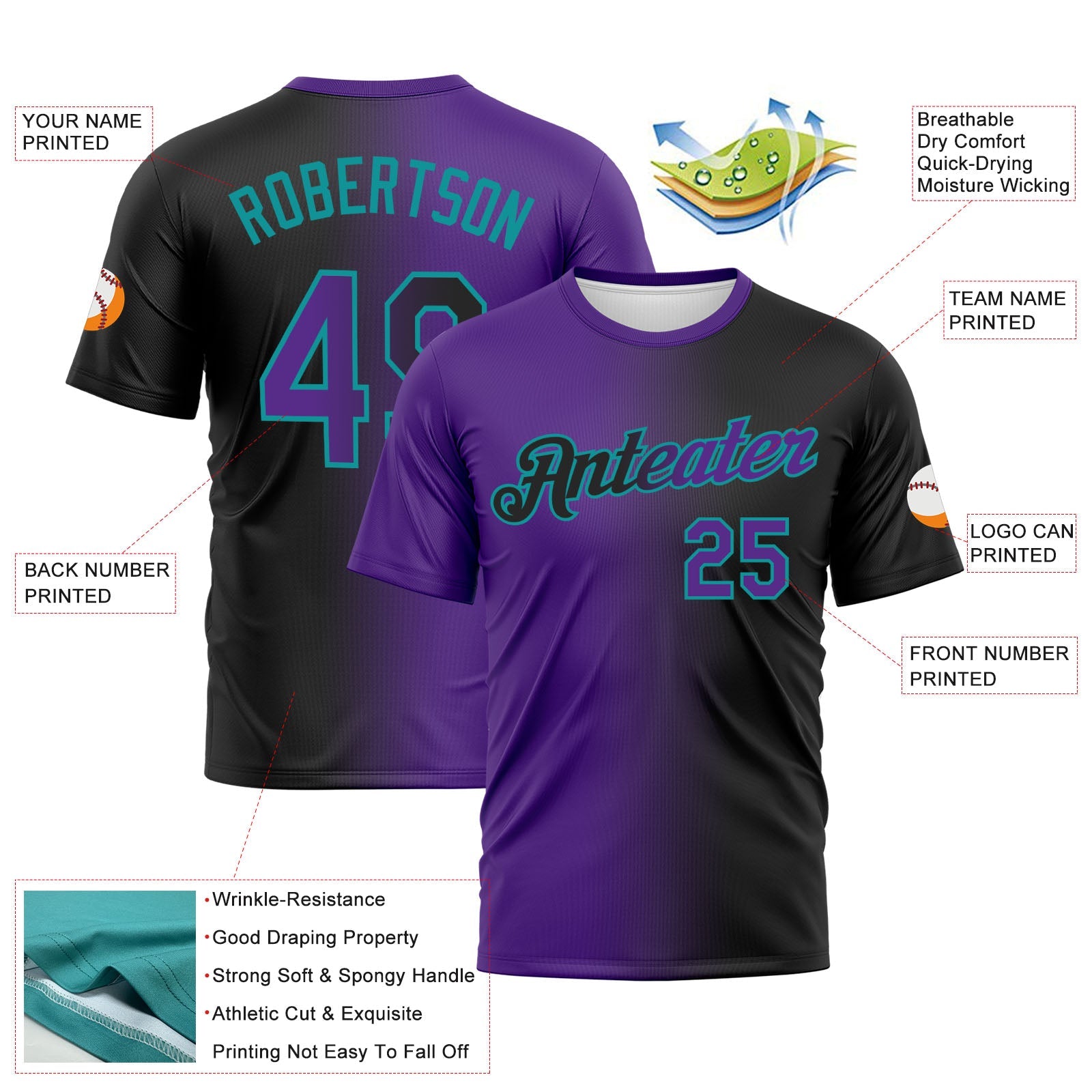 Custom Black Purple-Teal Gradient Fashion Performance T-Shirt view 3