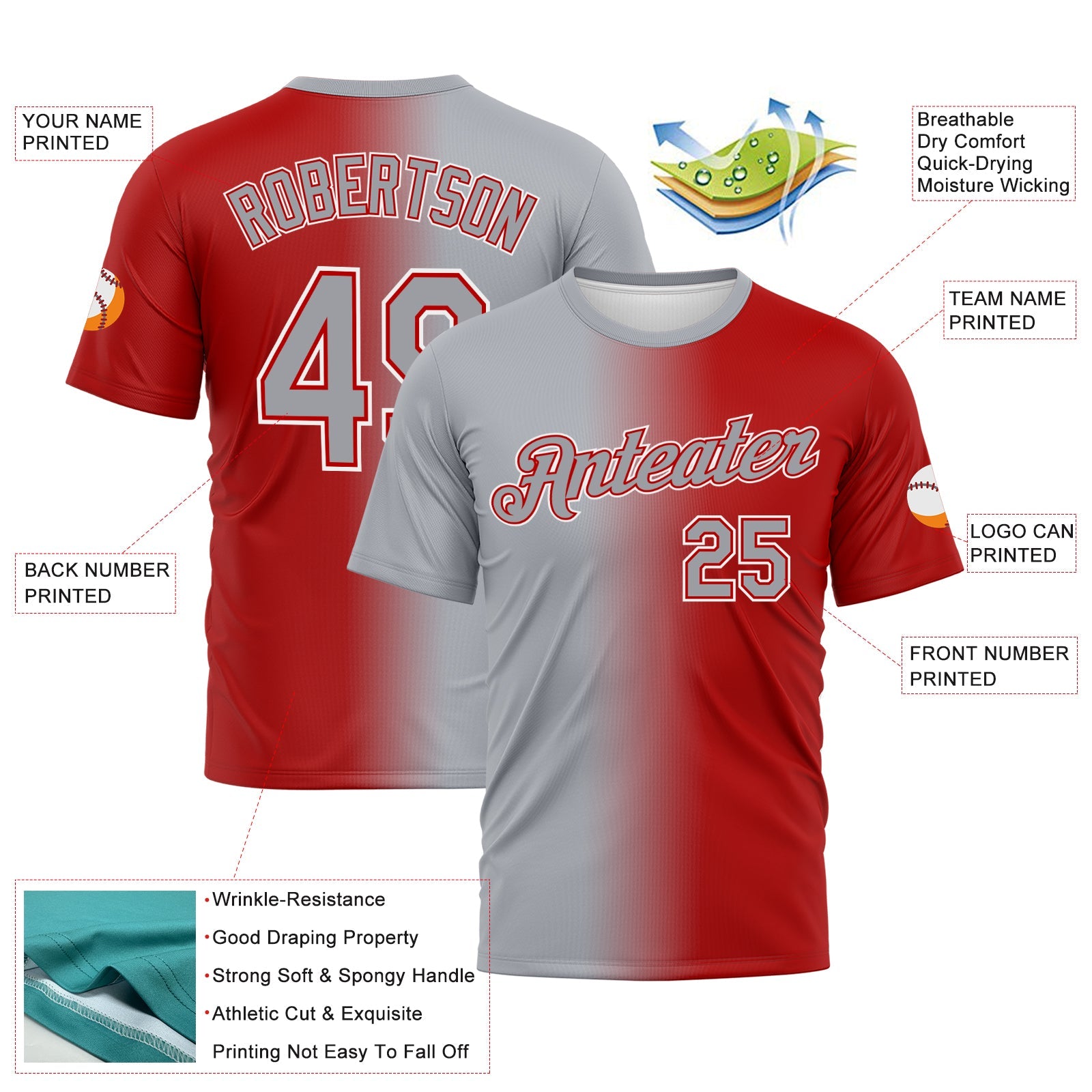Custom Red Gray-White Gradient Fashion Performance T-Shirt view 3