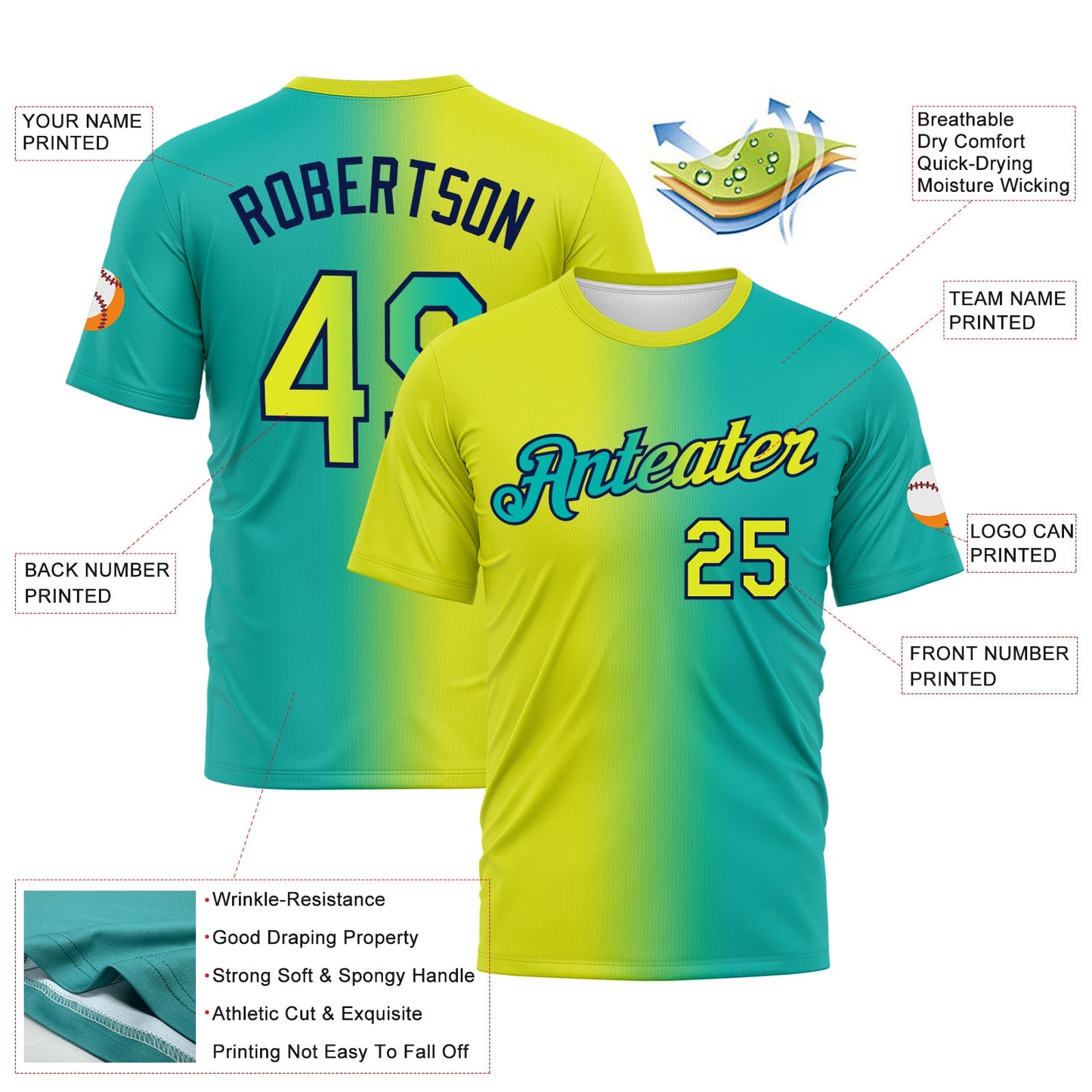 Custom Aqua Neon Yellow-Navy Gradient Fashion Performance T-Shirt view 3