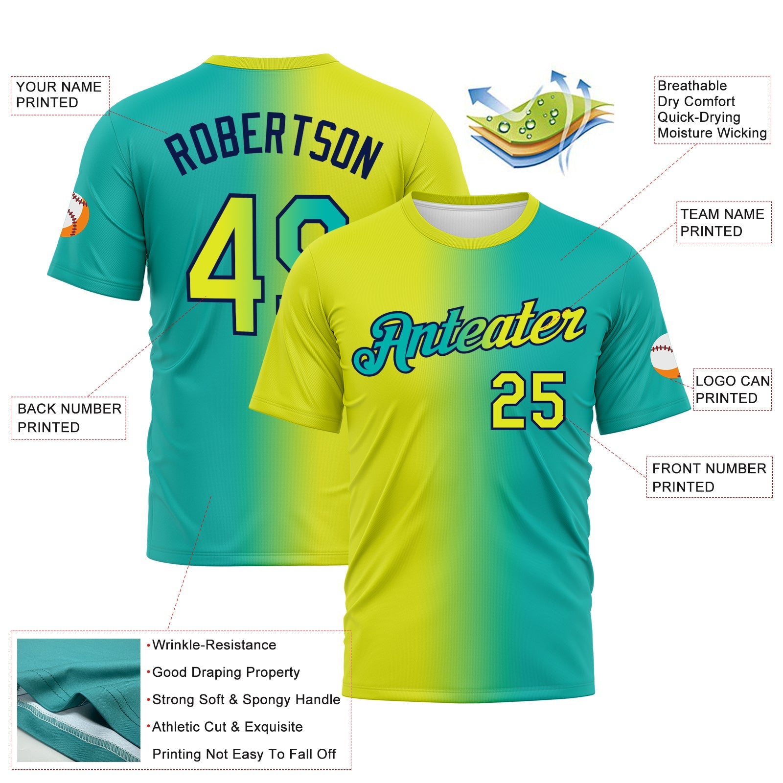 Custom Aqua Neon Yellow-Navy Gradient Fashion Performance T-Shirt view 3