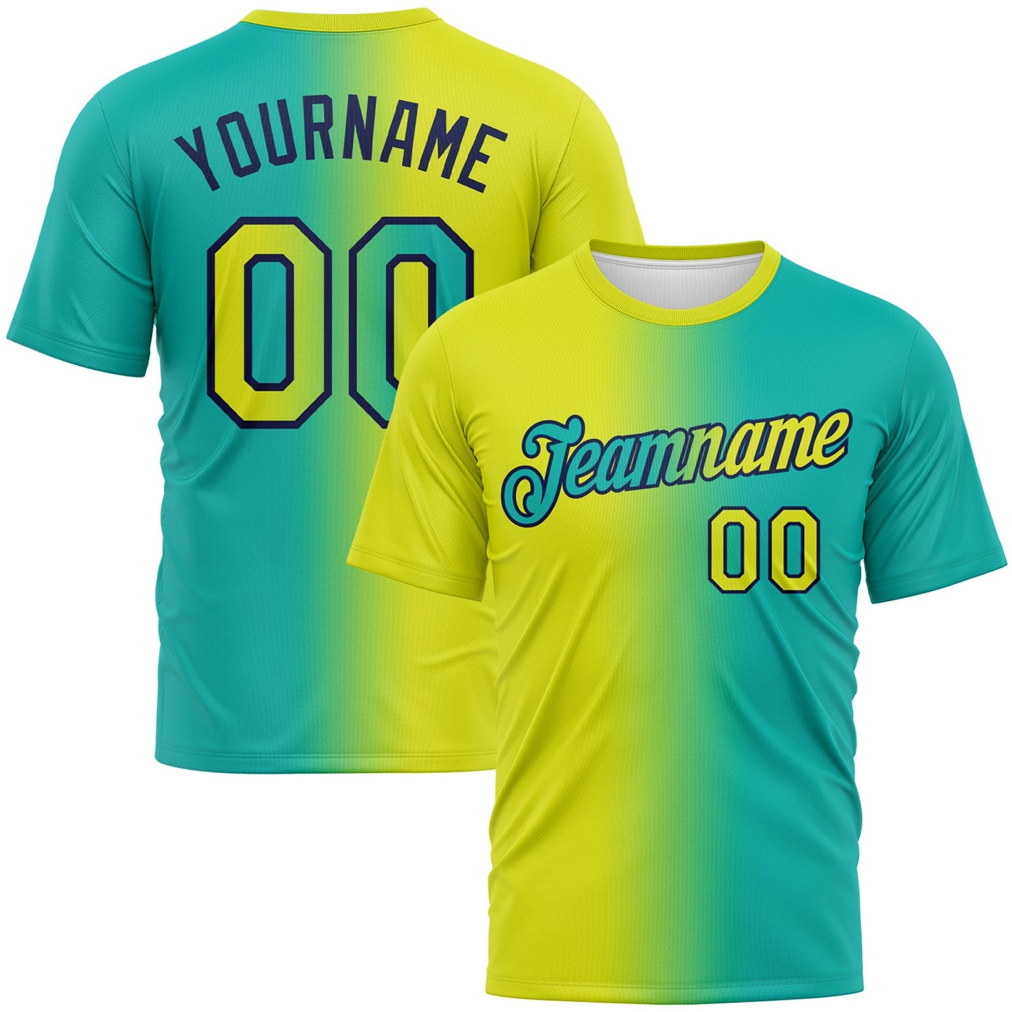 Custom Aqua Neon Yellow-Navy Gradient Fashion Performance T-Shirt - Main View