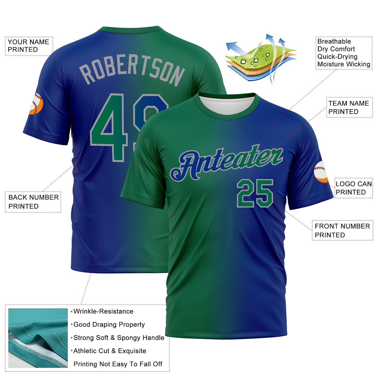 Custom Royal Kelly Green-Gray Gradient Fashion Performance T-Shirt view 3